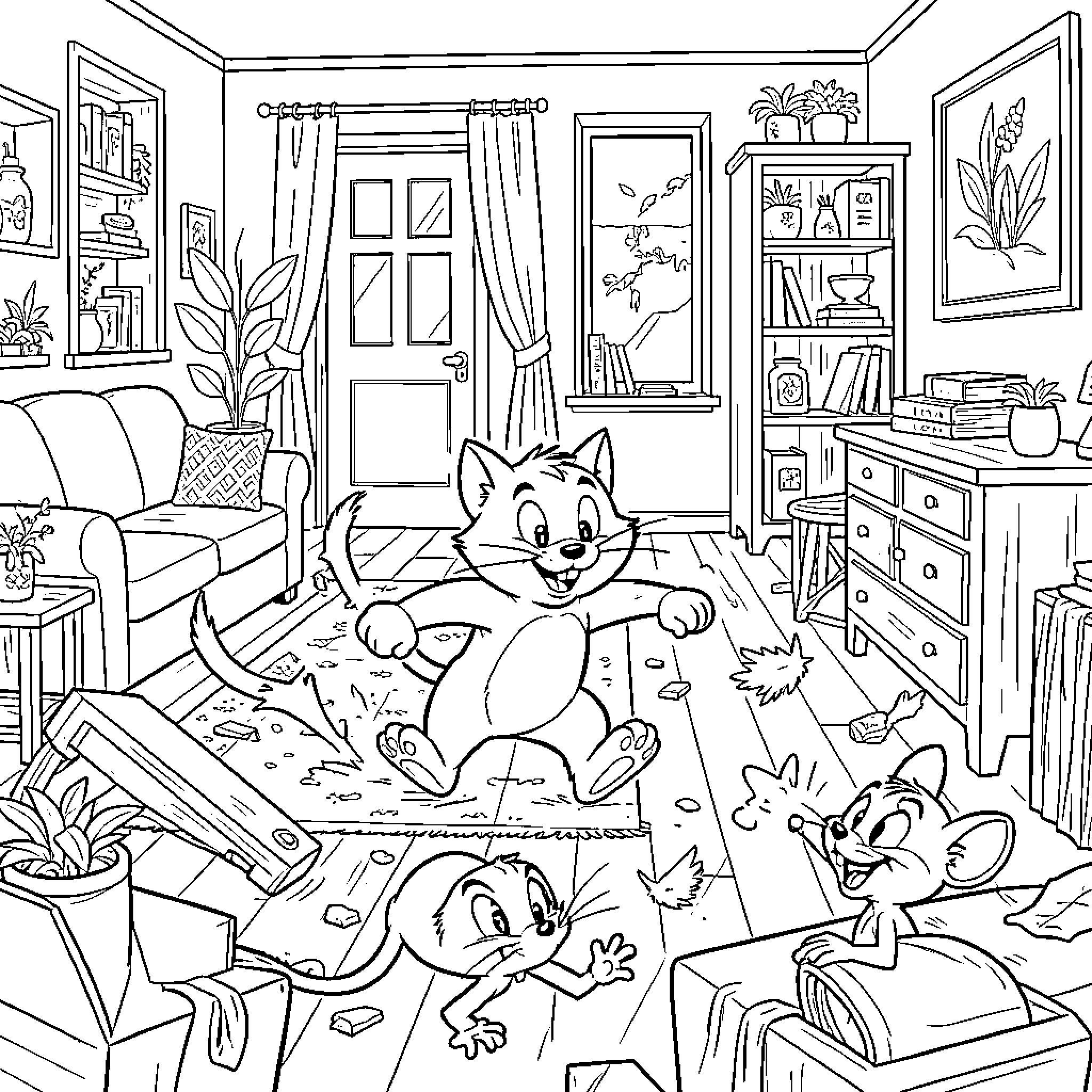 Tom and Jerry causing chaos in a living room Coloring Page (free black-and-white line drawing printable PDF for all, from beginners to advanced learners, including children, teens, adults, and seniors)