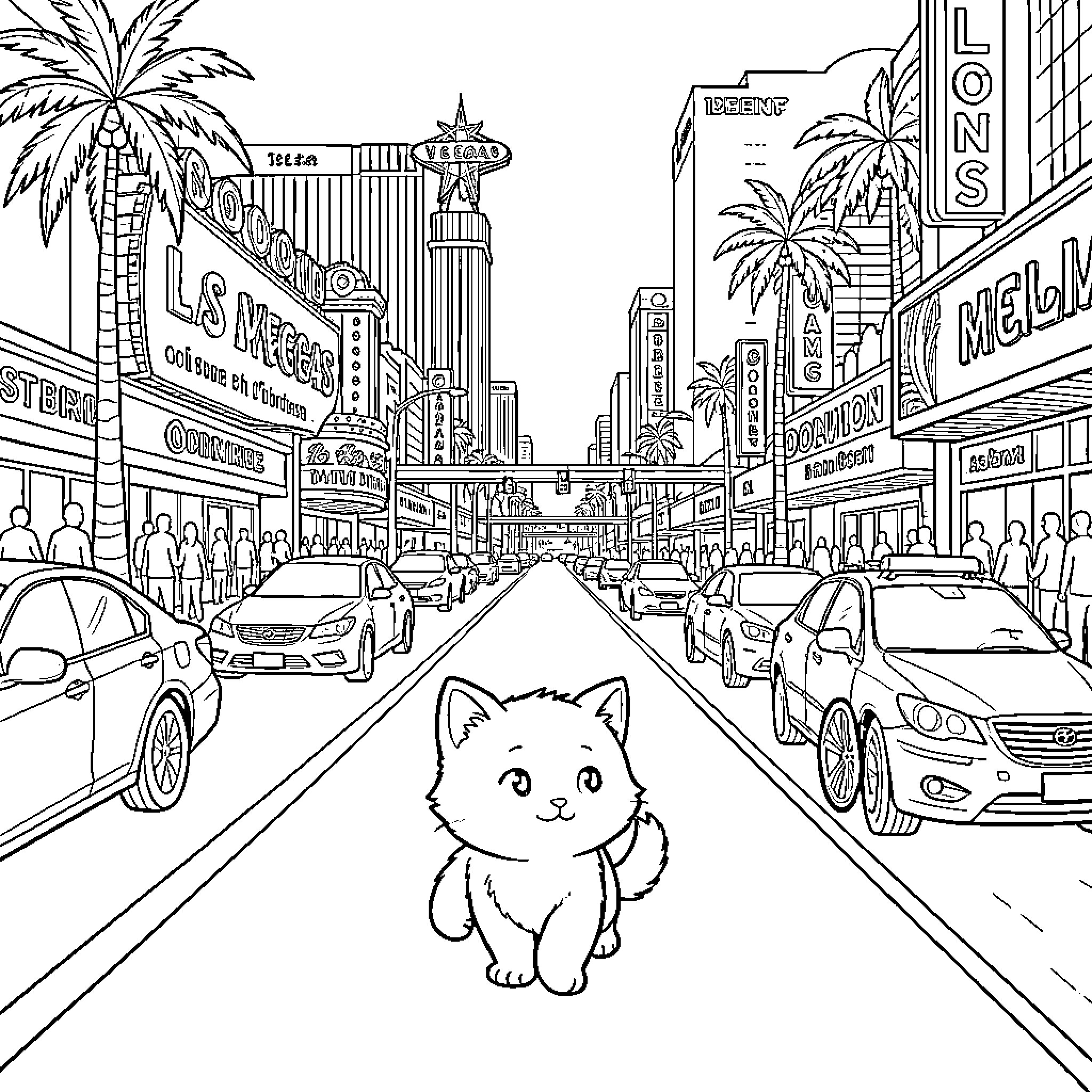 Kitty walking happily down a busy city street Coloring Page (free black-and-white line drawing printable PDF for all, from beginners to advanced learners, including children, teens, adults, and seniors)