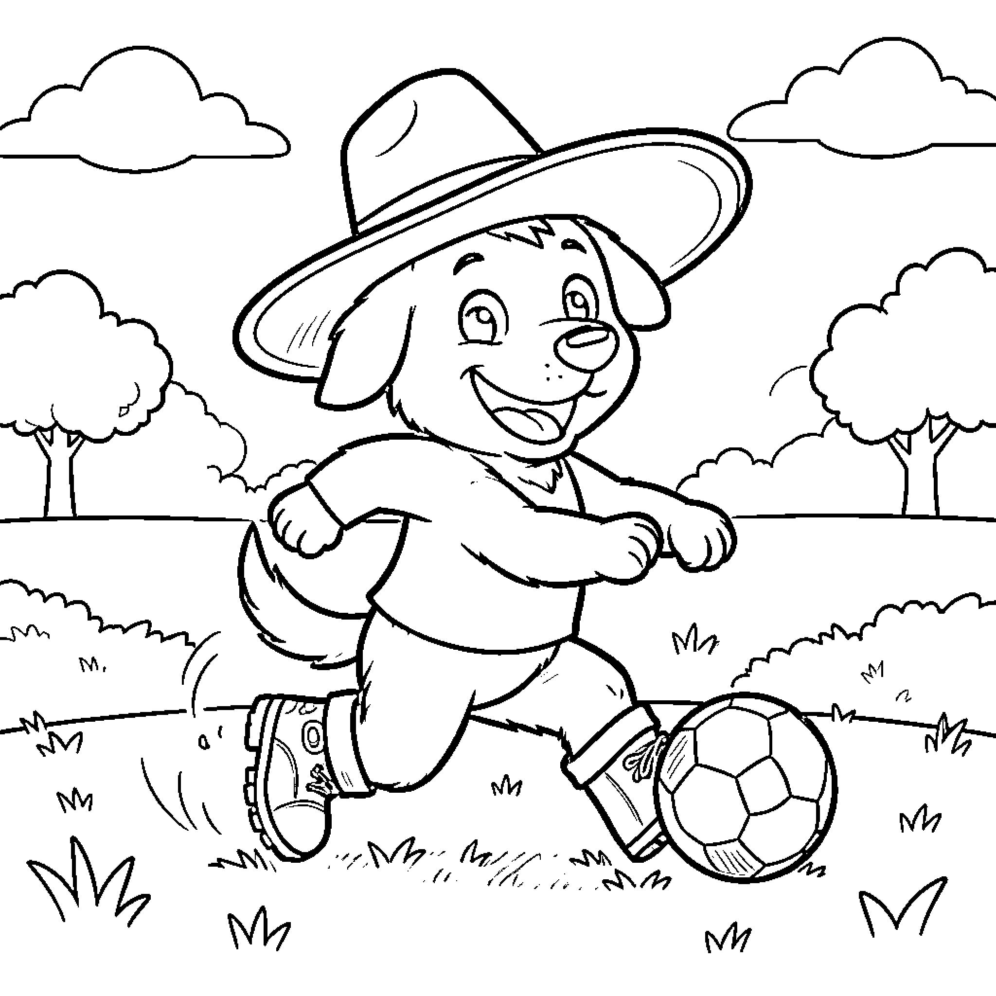 Perro jugando alegremente con el balón en el parque Coloring Page (free black-and-white line drawing printable PDF for all, from beginners to advanced learners, including children, teens, adults, and seniors)