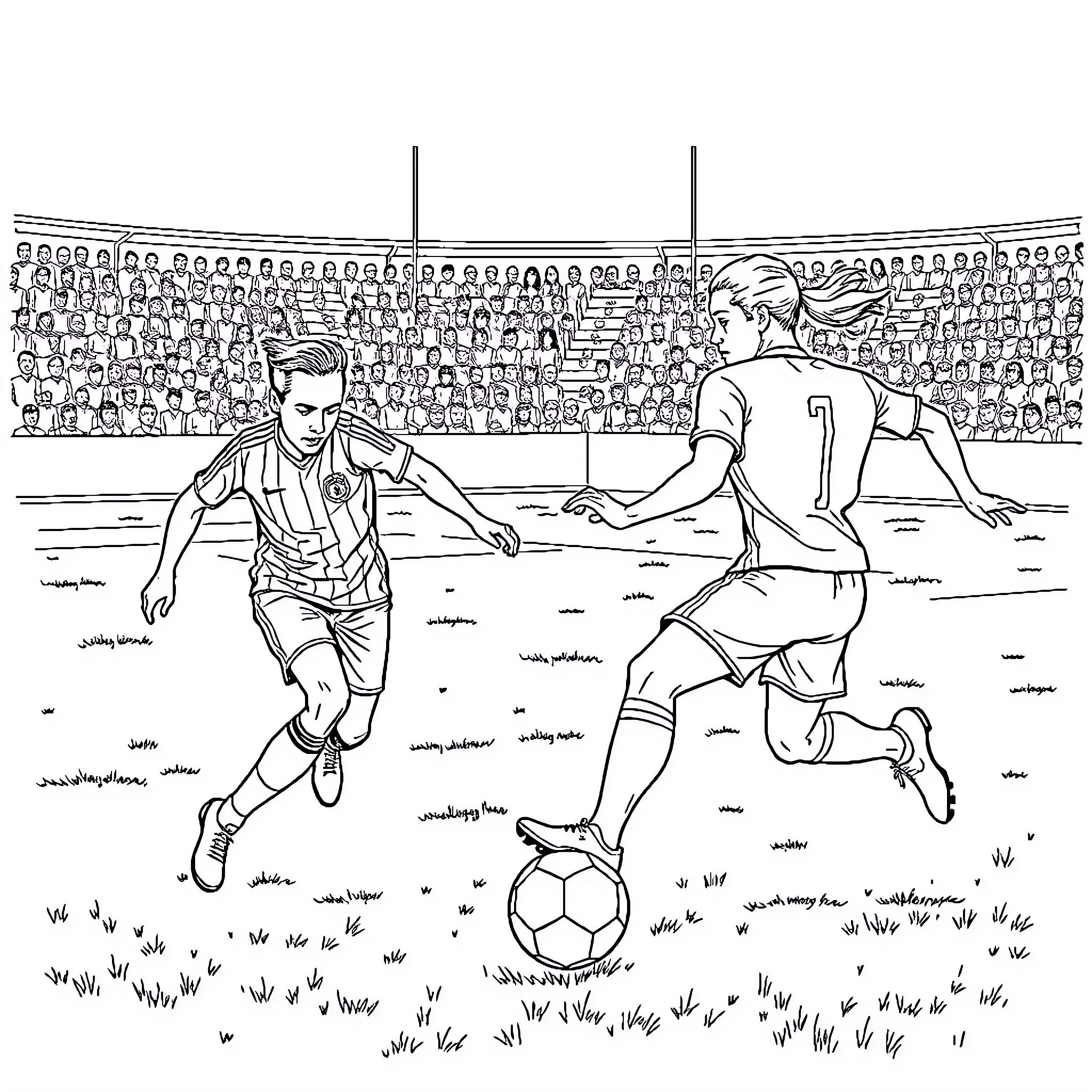 Football players competing on the field Coloring Page (free black-and-white line drawing printable PDF for all, from beginners to advanced learners, including children, teens, adults, and seniors)