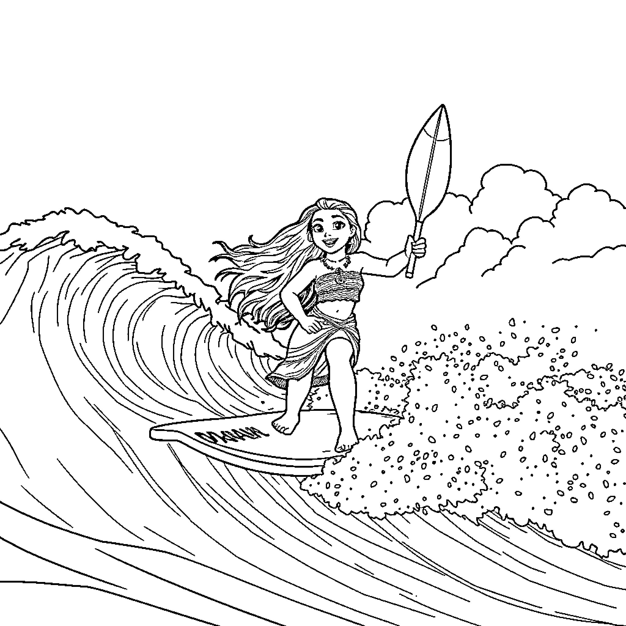 Moana surfing on a large wave with her fishing spear Coloring Page (free black-and-white line drawing printable PDF for all, from beginners to advanced learners, including children, teens, adults, and seniors)