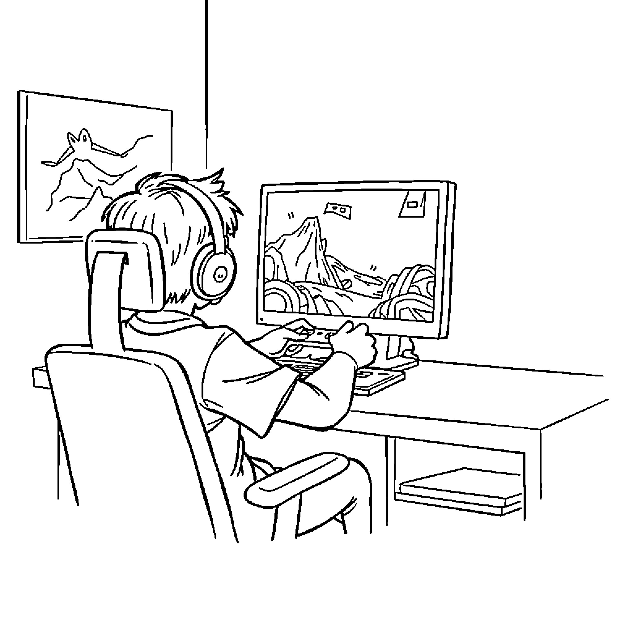 Gamer engrossed in digital entertainment Coloring Page (free black-and-white line drawing printable PDF for all, from beginners to advanced learners, including children, teens, adults, and seniors)