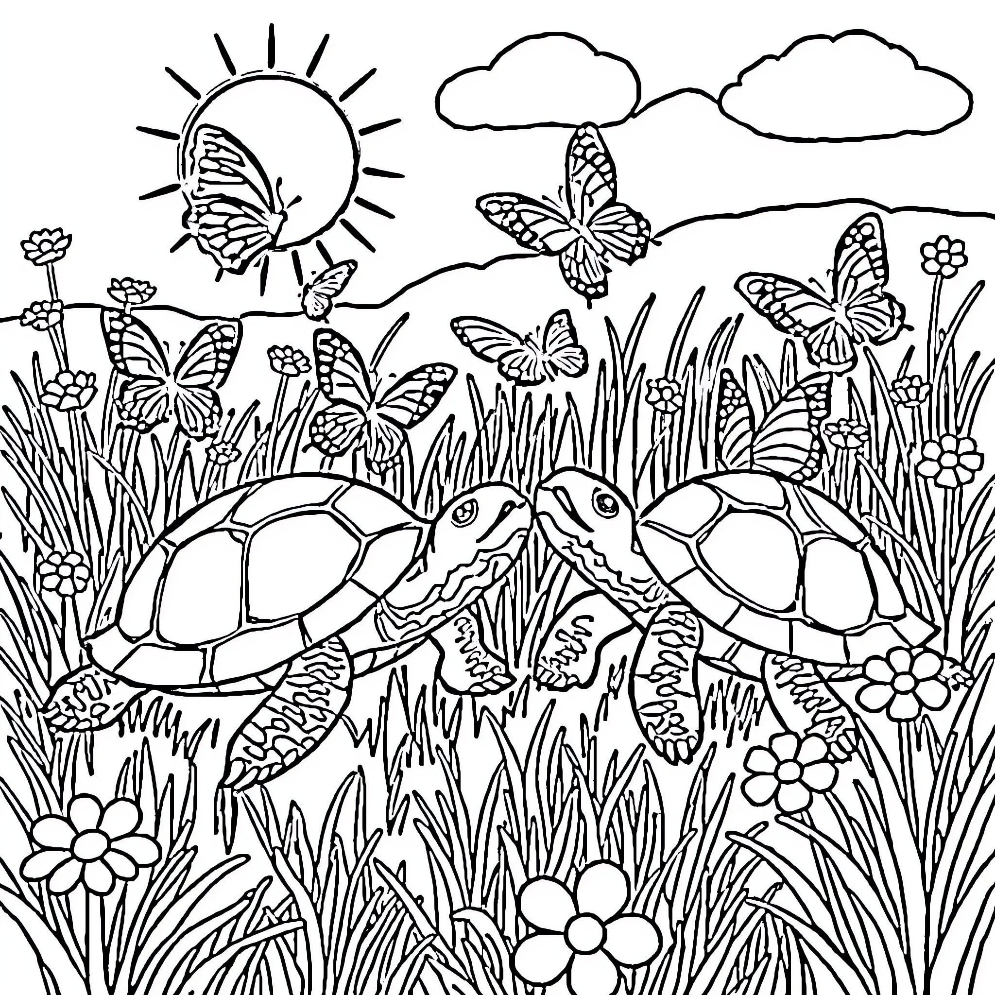 Turtle friends exploring the lush garden Coloring Page (free black-and-white line drawing printable PDF for all, from beginners to advanced learners, including children, teens, adults, and seniors)