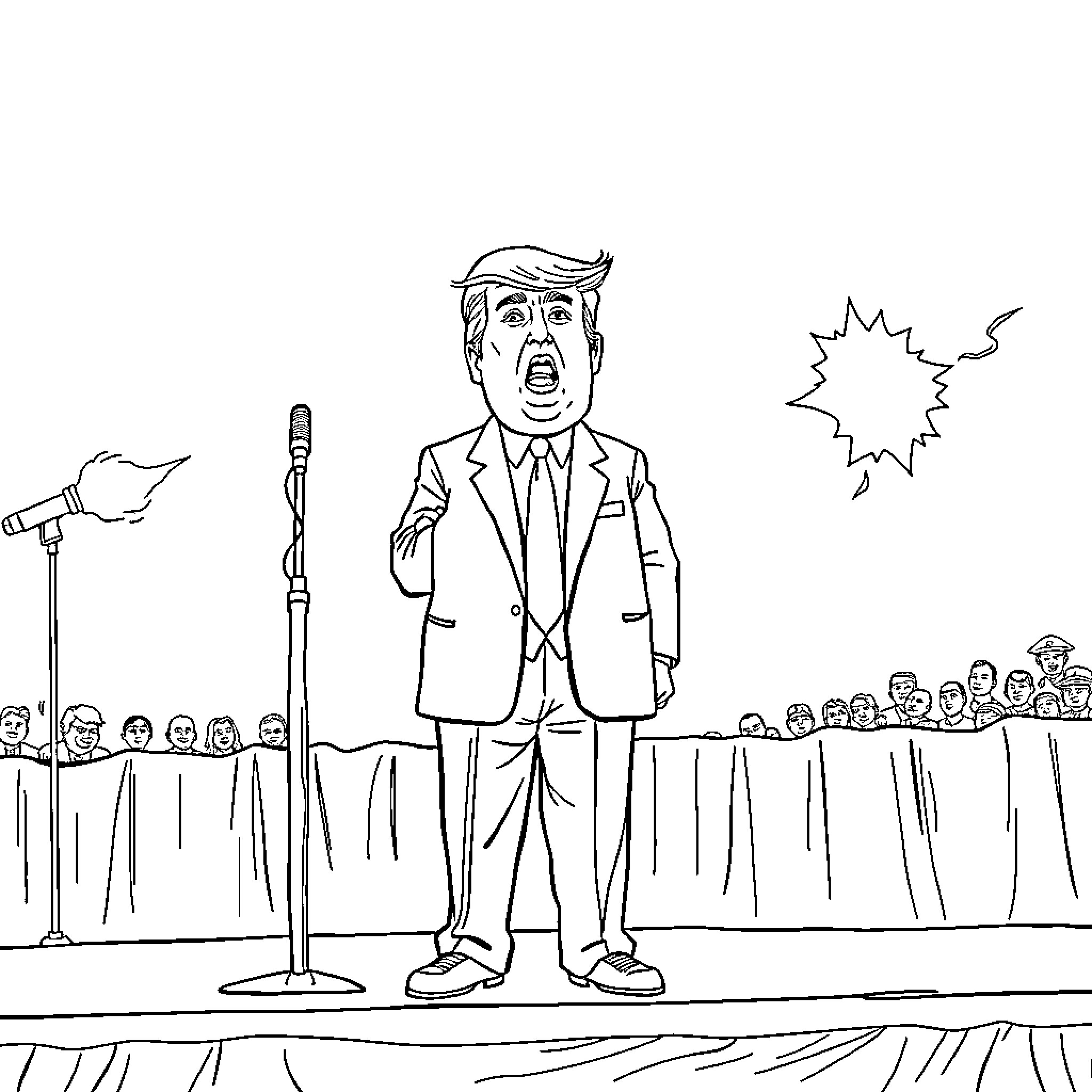 Trump Delivering Animated Speech to Audience Coloring Page (free black-and-white line drawing printable PDF for all, from beginners to advanced learners, including children, teens, adults, and seniors)