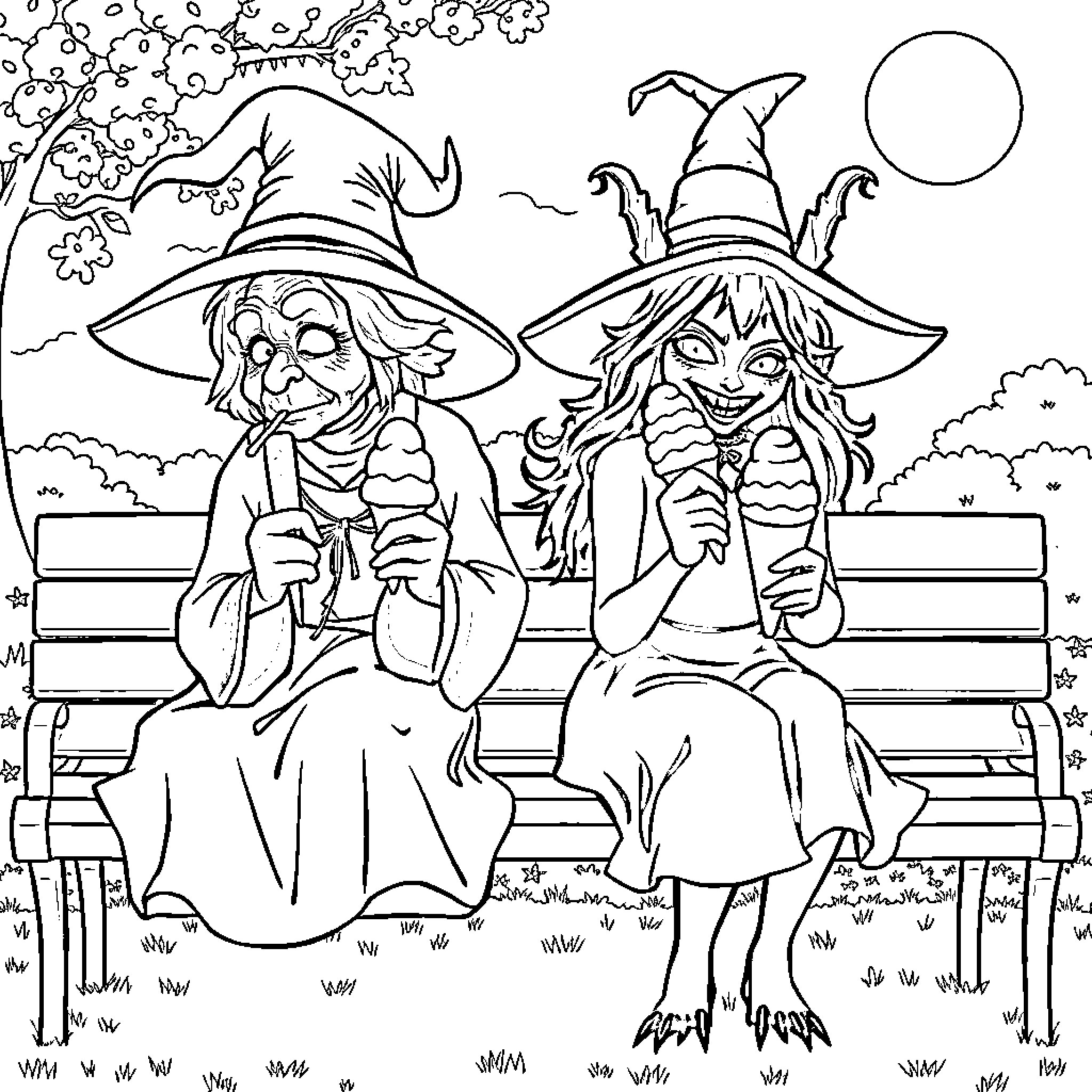 Witch friends relaxing on a park bench Coloring Page (free black-and-white line drawing printable PDF for all, from beginners to advanced learners, including children, teens, adults, and seniors)
