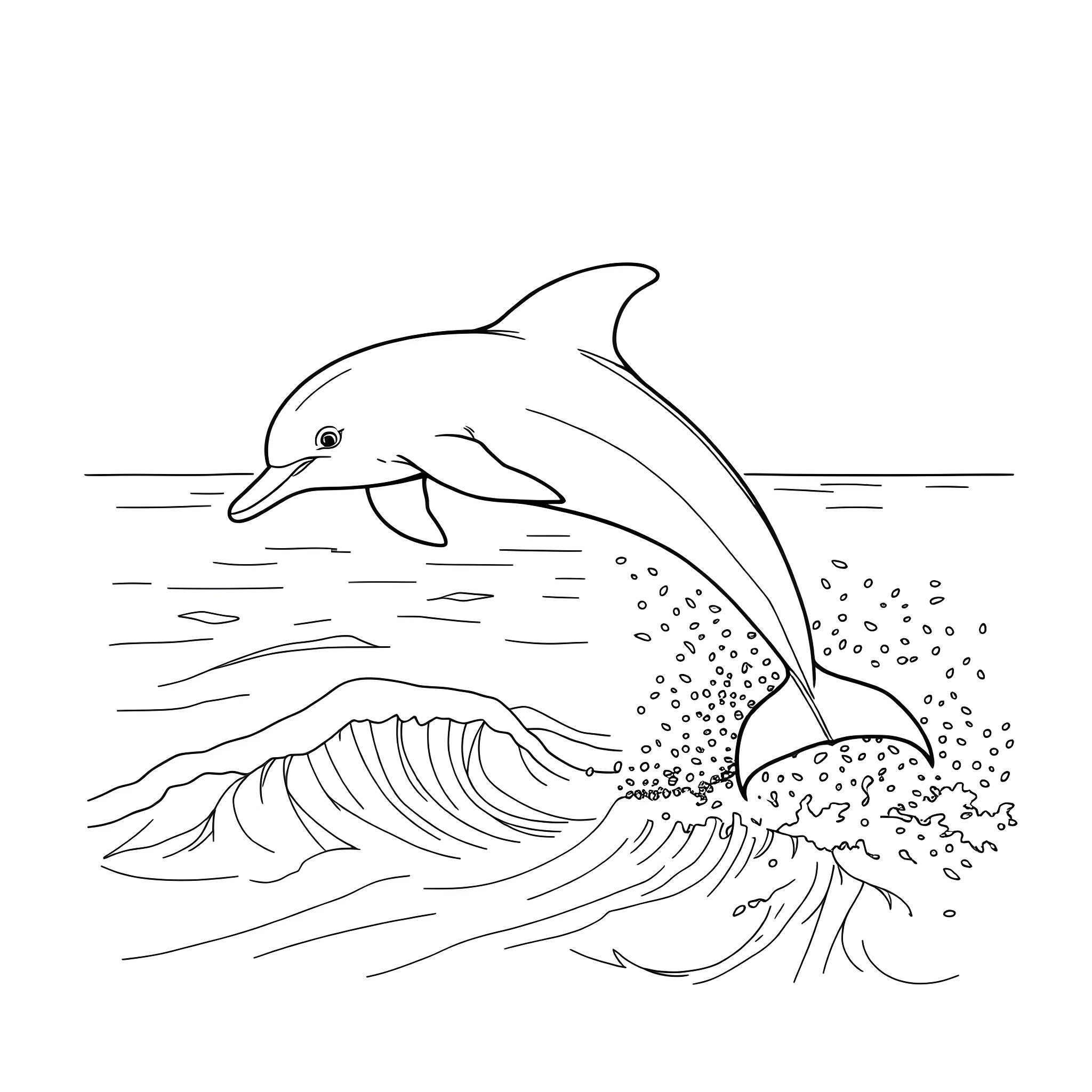 Dolphin jumping over ocean waves Coloring Page (free black-and-white line drawing printable PDF for all, from beginners to advanced learners, including children, teens, adults, and seniors)