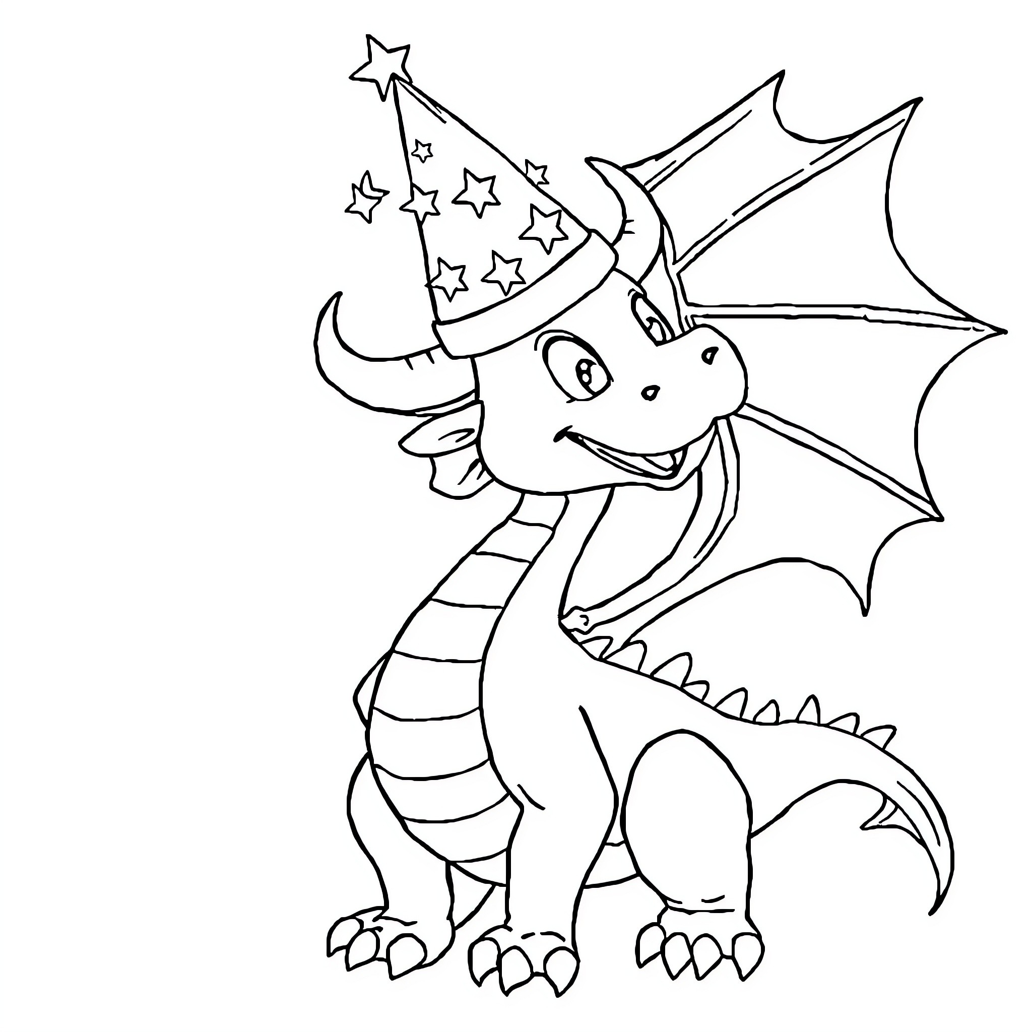 Dragon wearing a magical hat with stars Coloring Page (free black-and-white line drawing printable PDF for all, from beginners to advanced learners, including children, teens, adults, and seniors)