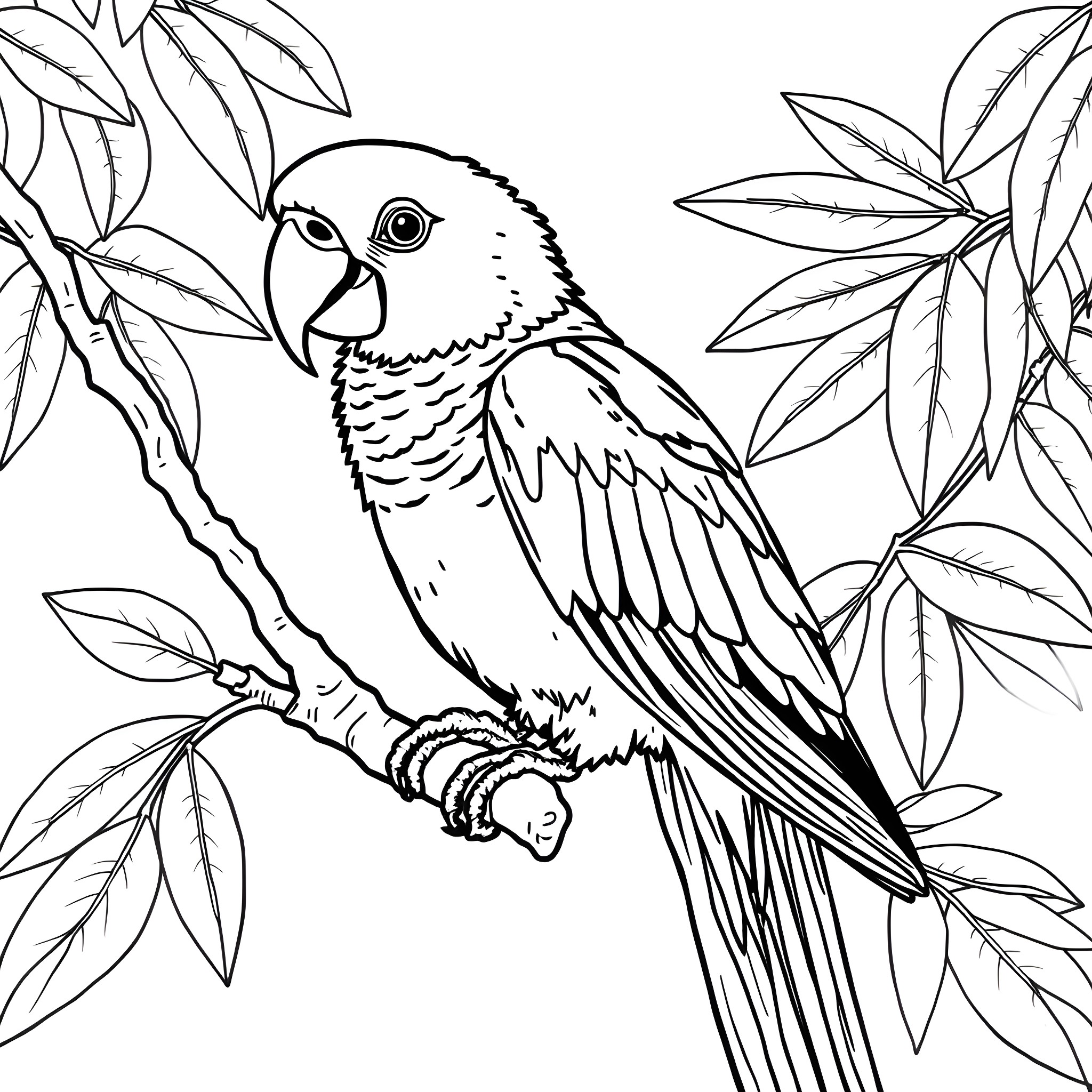 Parrot perched amidst lush foliage Coloring Page (free black-and-white line drawing printable PDF for all, from beginners to advanced learners, including children, teens, adults, and seniors)