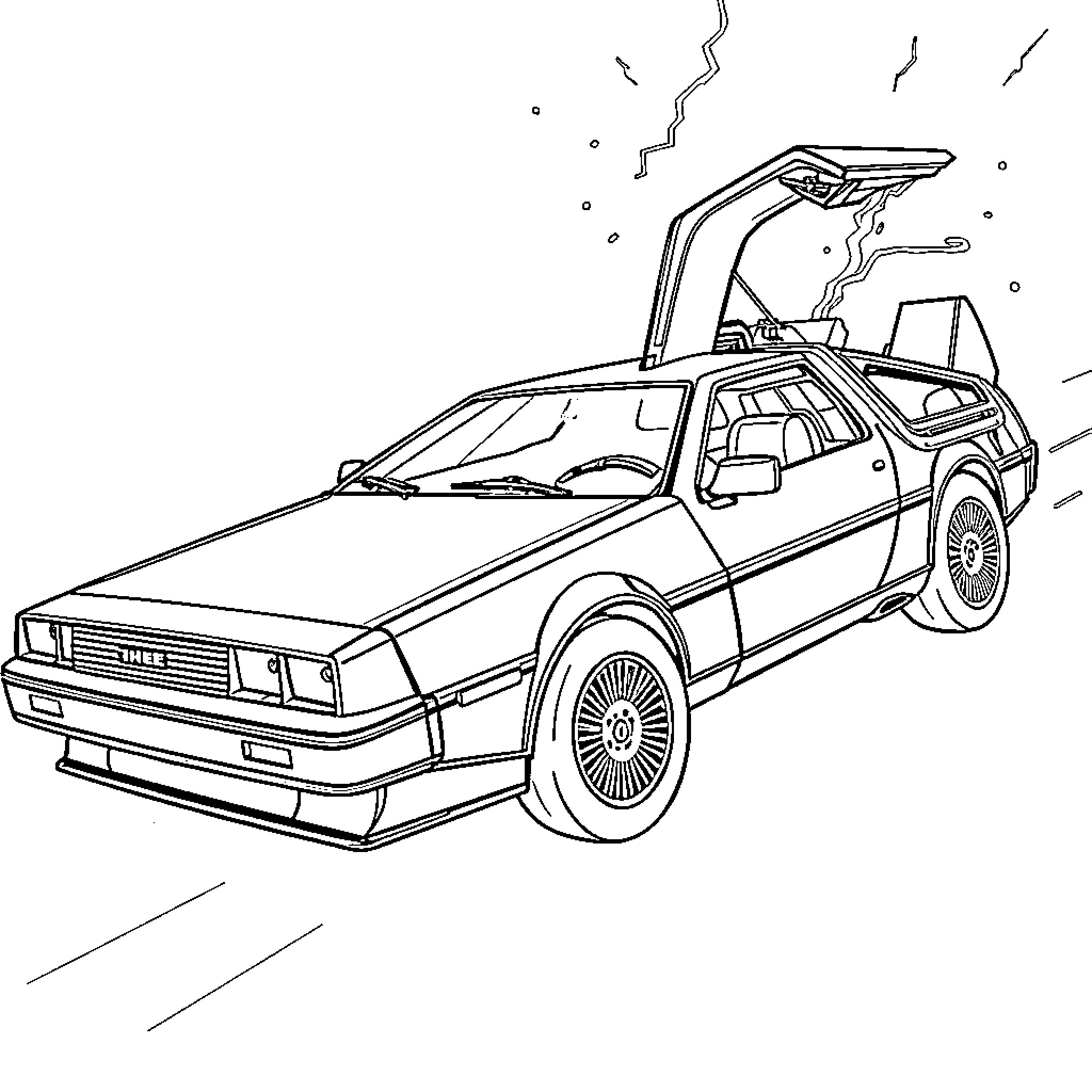 DeLorean car soaring through time and space Coloring Page (free black-and-white line drawing printable PDF for all, from beginners to advanced learners, including children, teens, adults, and seniors)