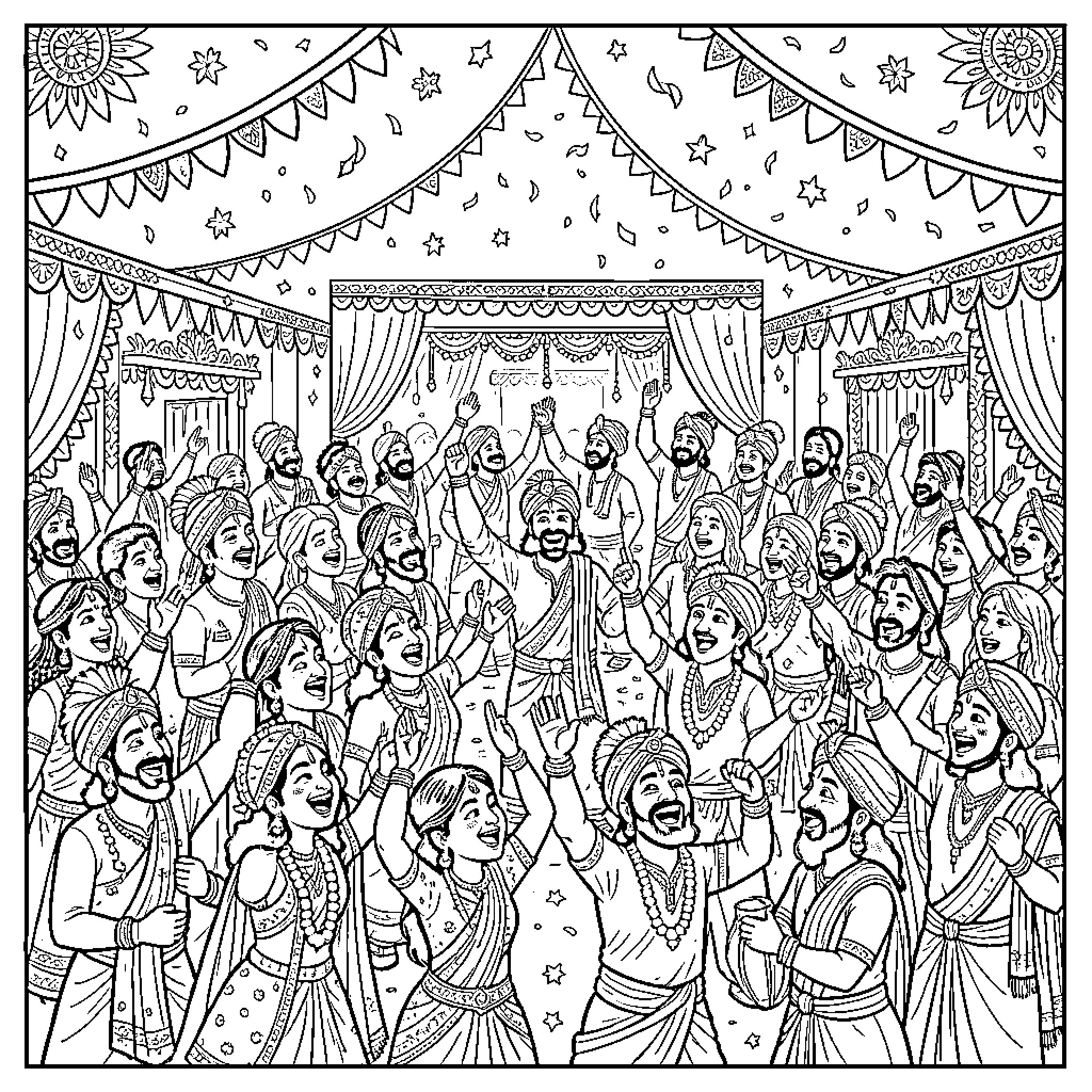 Festival of Celebration with Colorful Attire and Lively Festivities Coloring Page (free black-and-white line drawing printable PDF for all, from beginners to advanced learners, including children, teens, adults, and seniors)