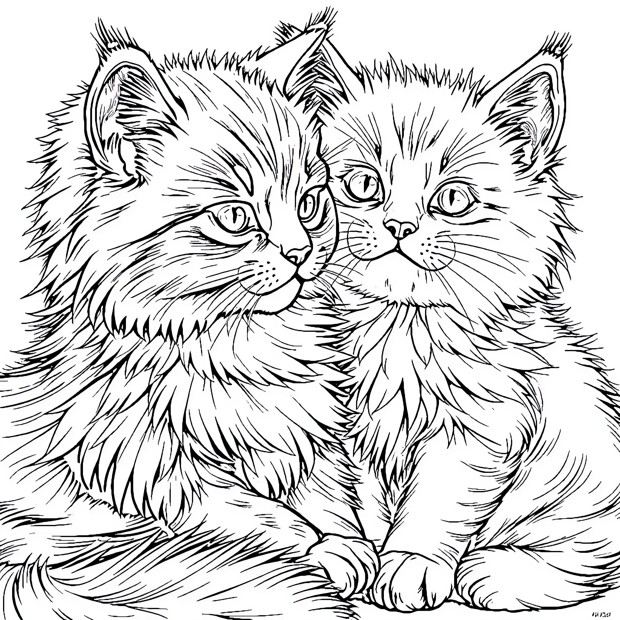 Kitty Friends Sitting Together Coloring Page (free black-and-white line drawing printable PDF for all, from beginners to advanced learners, including children, teens, adults, and seniors)