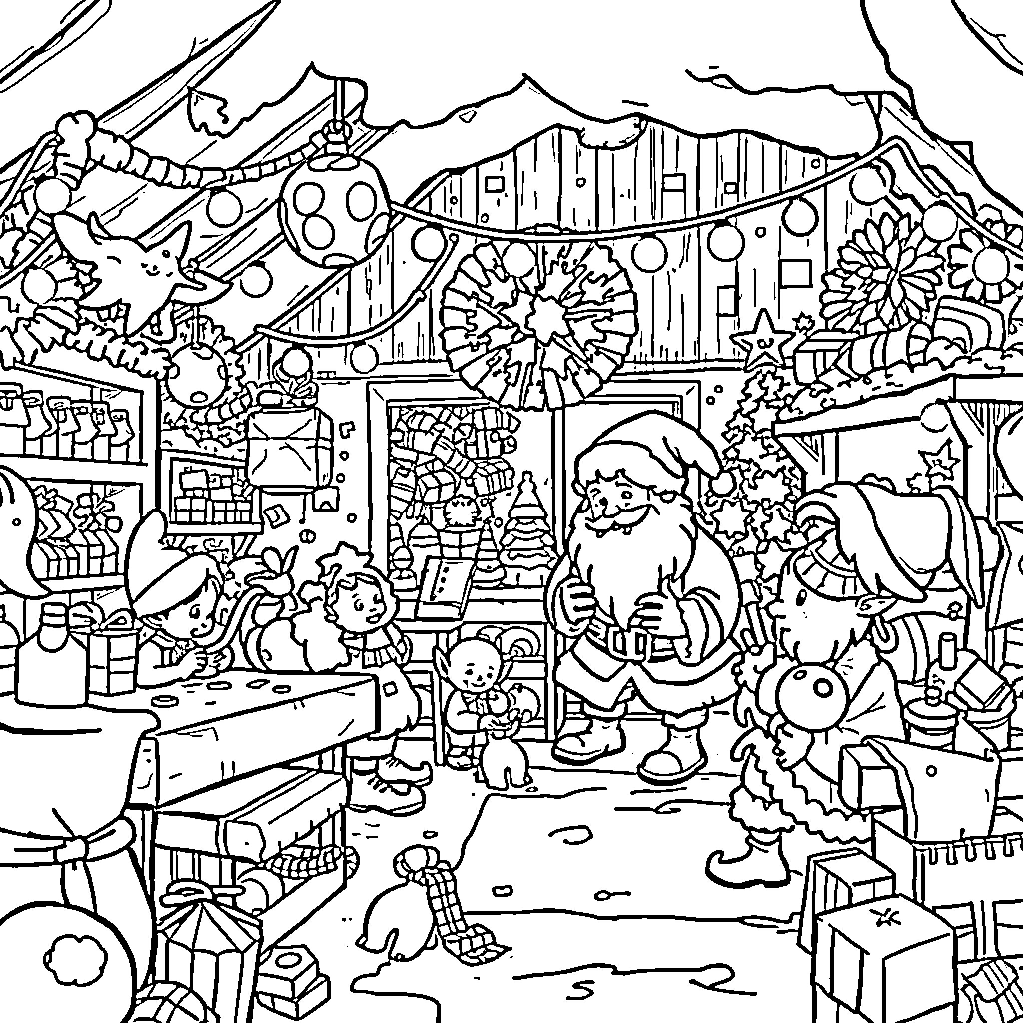 Santa's Festive Winter Wonderland Coloring Page (free black-and-white line drawing printable PDF for all, from beginners to advanced learners, including children, teens, adults, and seniors)