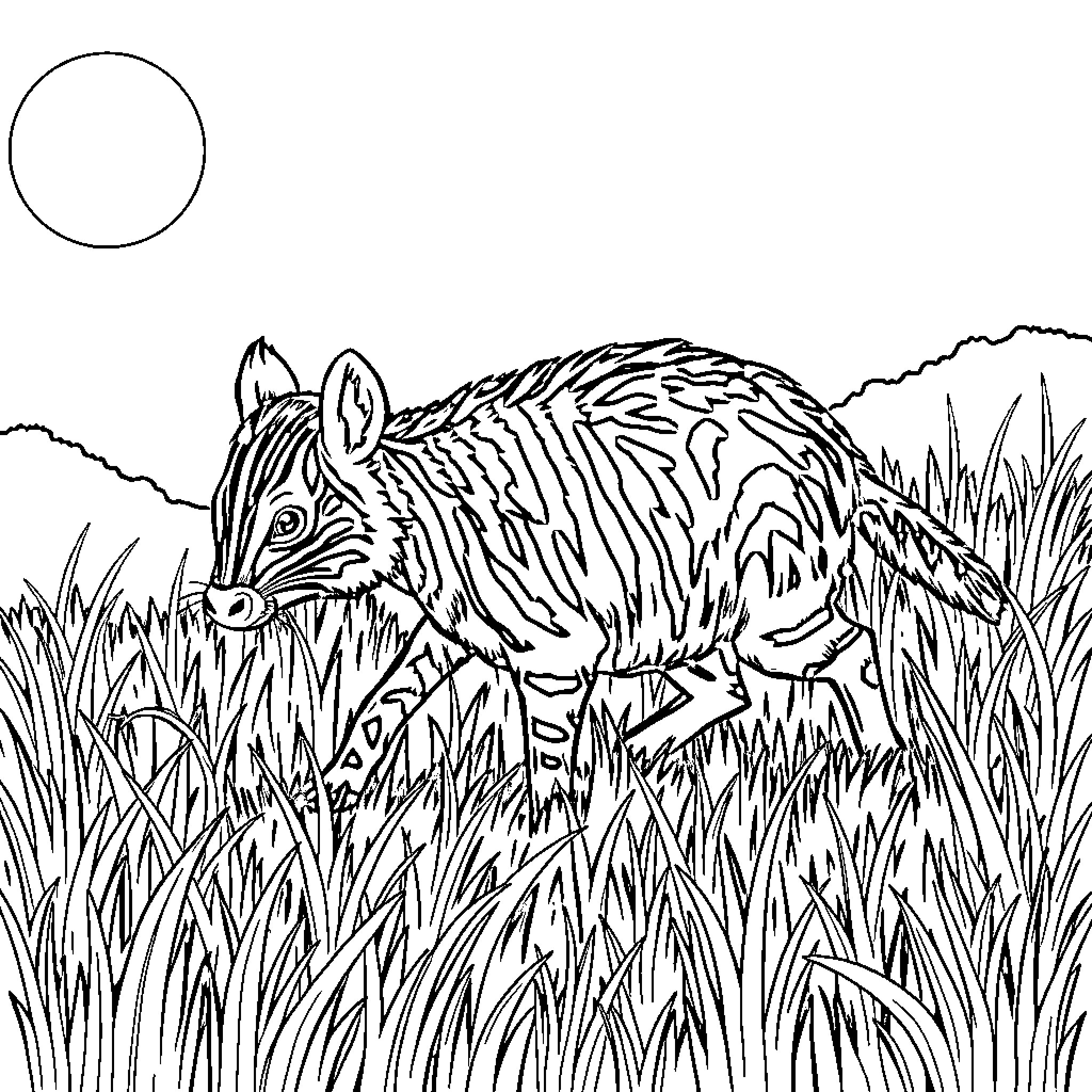 Aardvark traversing through the tall grass Coloring Page (free black-and-white line drawing printable PDF for all, from beginners to advanced learners, including children, teens, adults, and seniors)