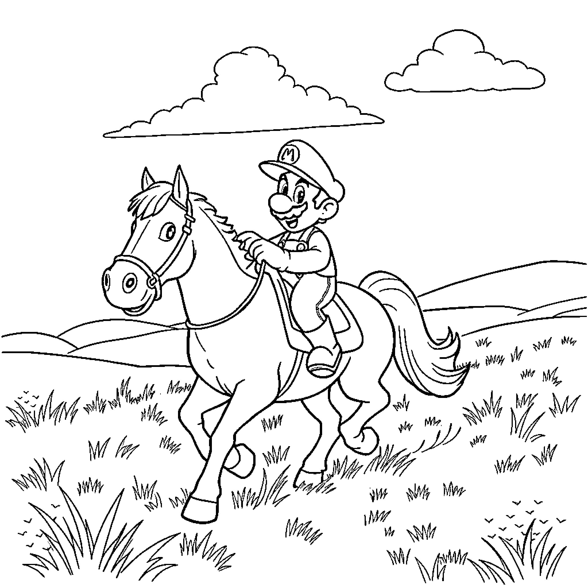 Mario riding a horse in the countryside Coloring Page (free black-and-white line drawing printable PDF for all, from beginners to advanced learners, including children, teens, adults, and seniors)