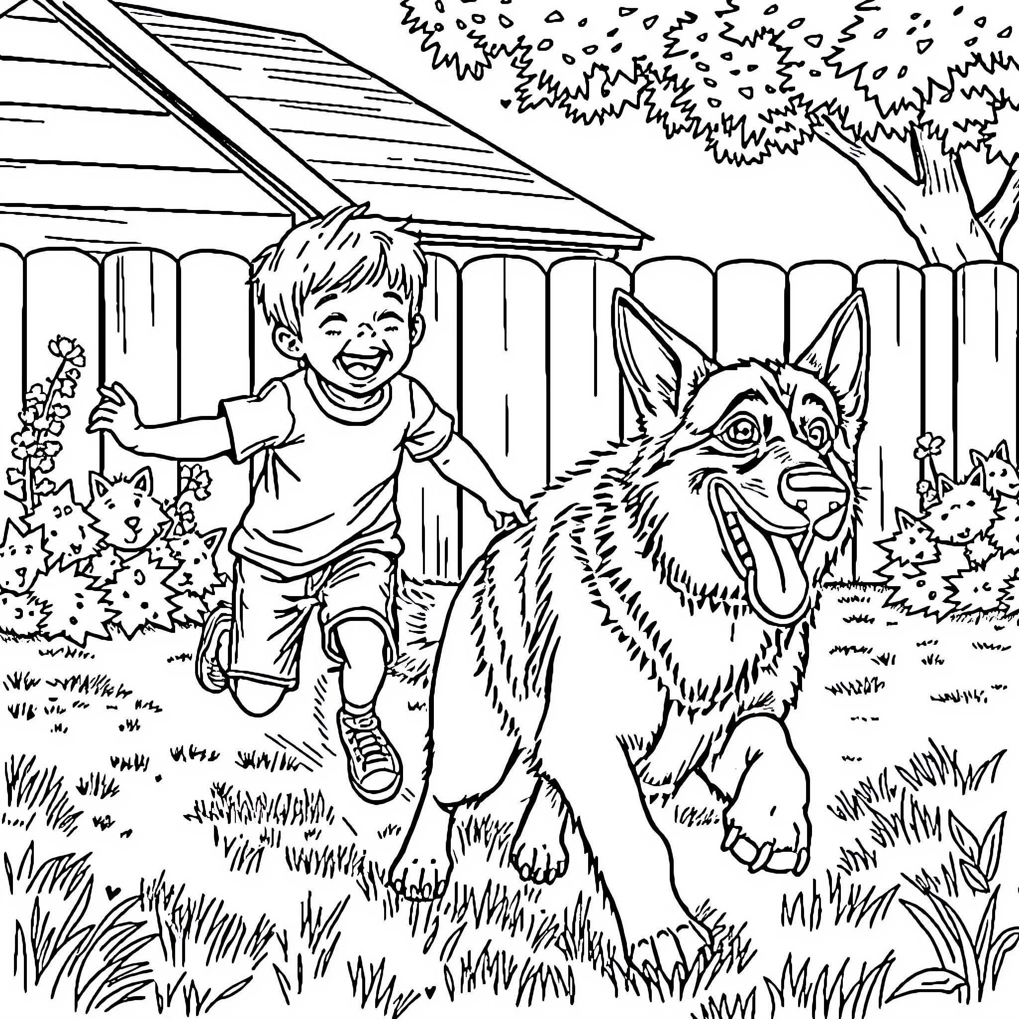 German Shepherd playing with happy child in backyard Coloring Page (free black-and-white line drawing printable PDF for all, from beginners to advanced learners, including children, teens, adults, and seniors)