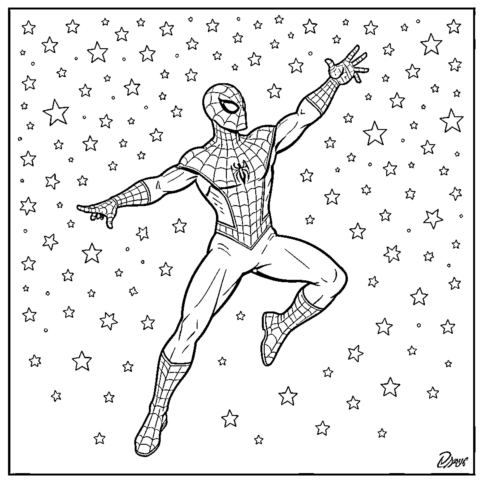 Spider-Man posing dynamically amidst a field of stars Coloring Page (free black-and-white line drawing printable PDF for all, from beginners to advanced learners, including children, teens, adults, and seniors)