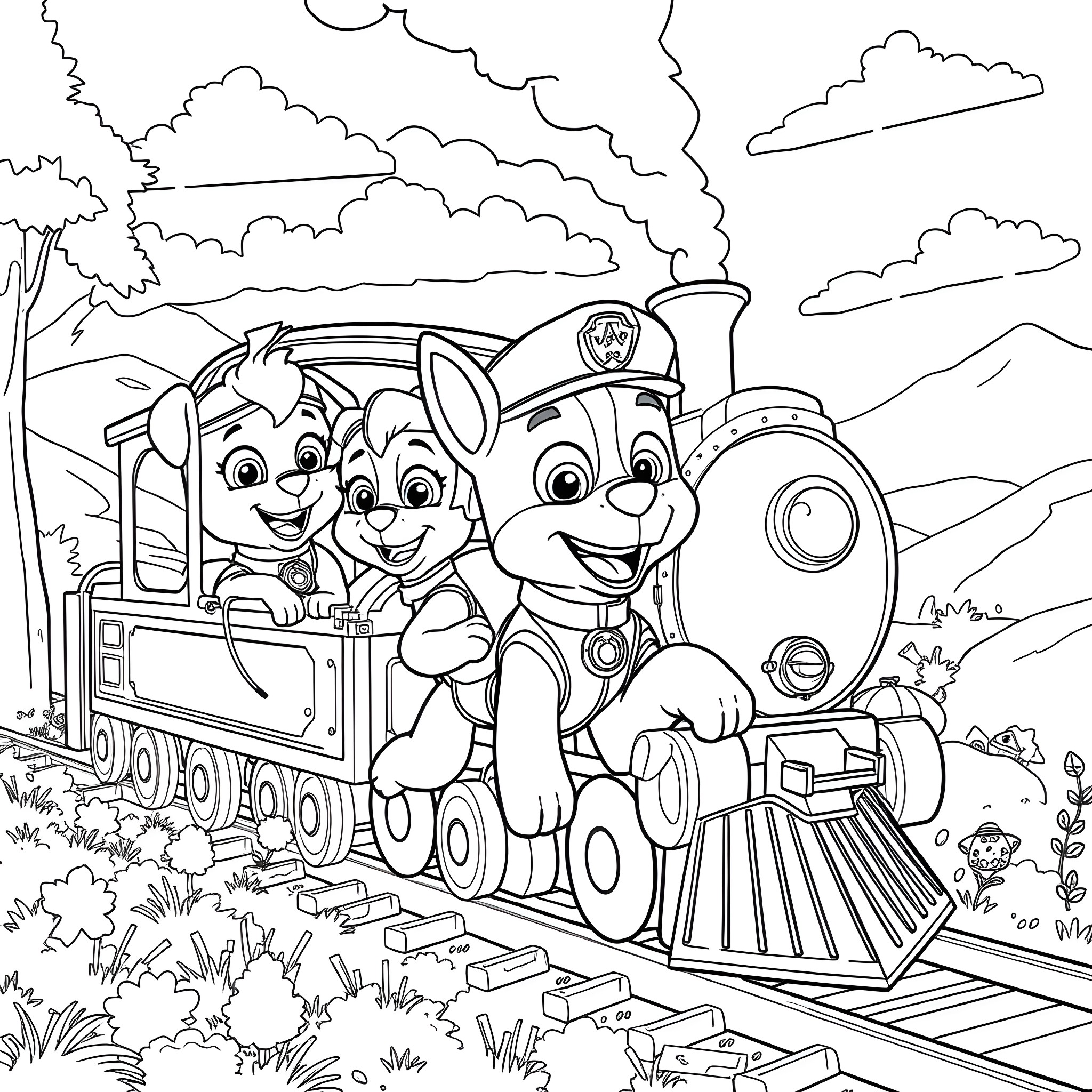 Paw Patrol puppies riding on a steam train Coloring Page (free black-and-white line drawing printable PDF for all, from beginners to advanced learners, including children, teens, adults, and seniors)