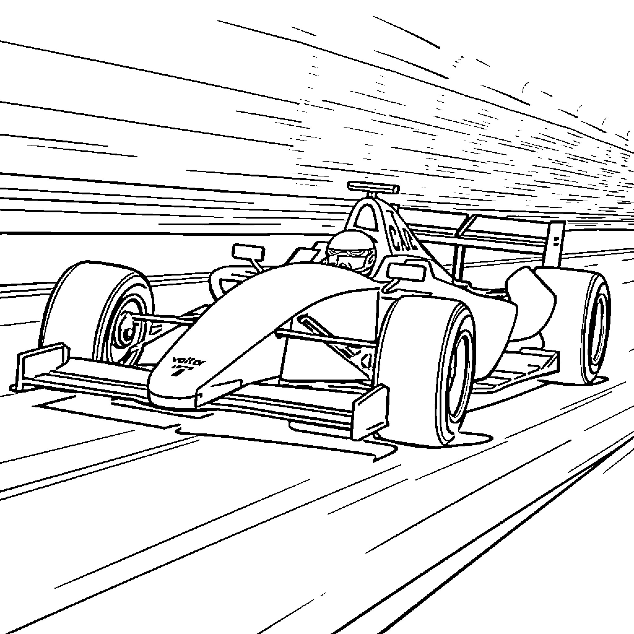 Formula 1 race car speeding on track Coloring Page (free black-and-white line drawing printable PDF for all, from beginners to advanced learners, including children, teens, adults, and seniors)
