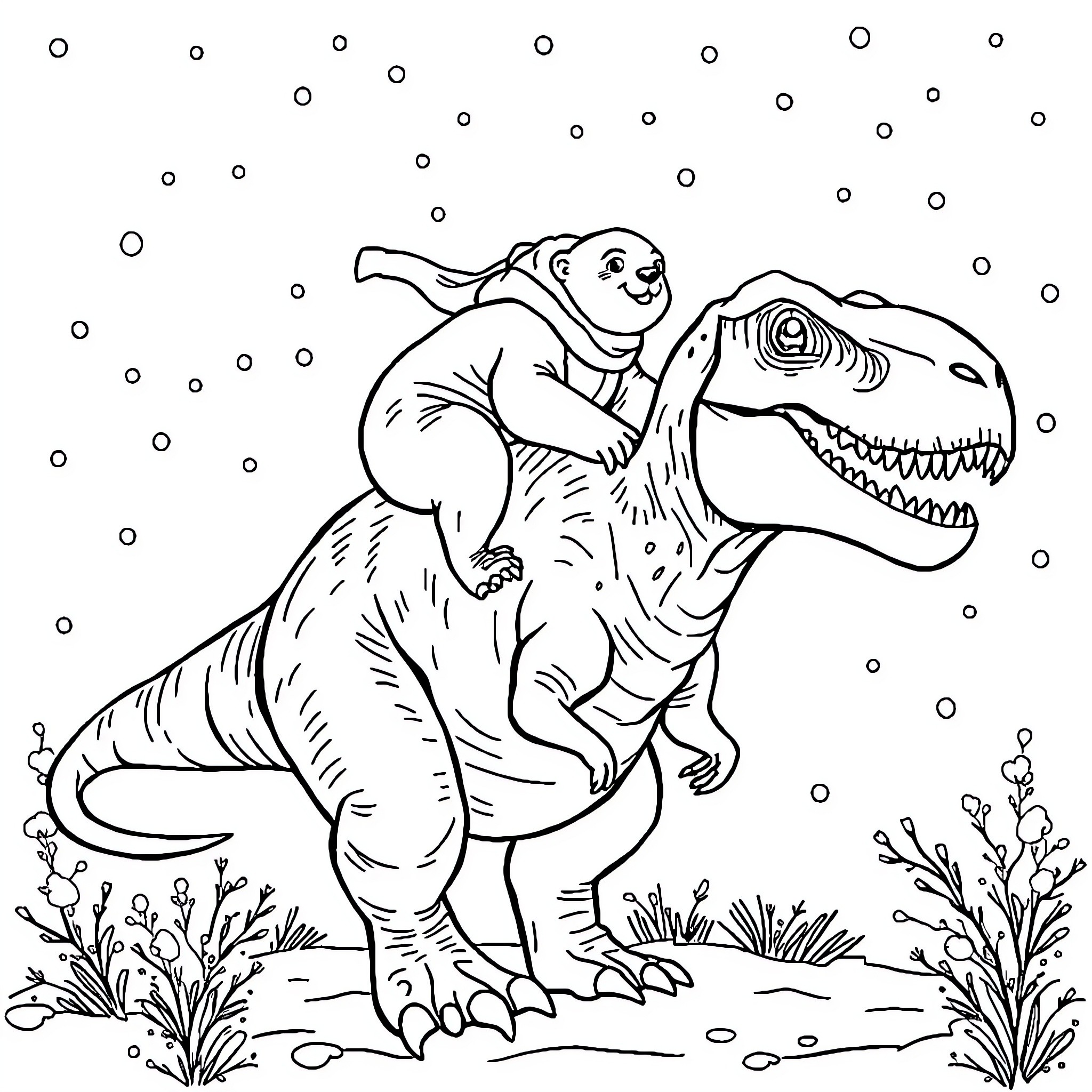 Bear riding a playful dinosaur in the snow Coloring Page (free black-and-white line drawing printable PDF for all, from beginners to advanced learners, including children, teens, adults, and seniors)