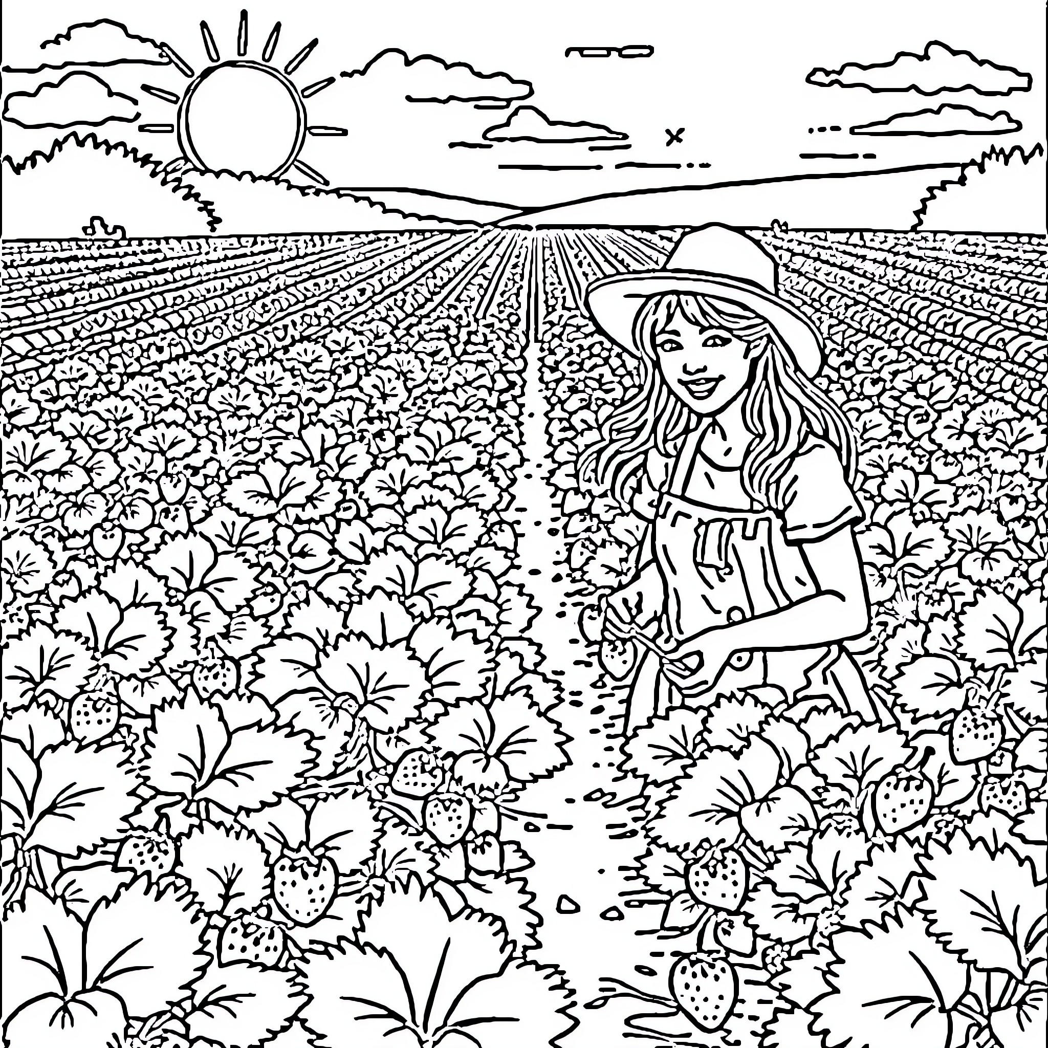 Person picking strawberries in a field on a sunny day Coloring Page (free black-and-white line drawing printable PDF for all, from beginners to advanced learners, including children, teens, adults, and seniors)