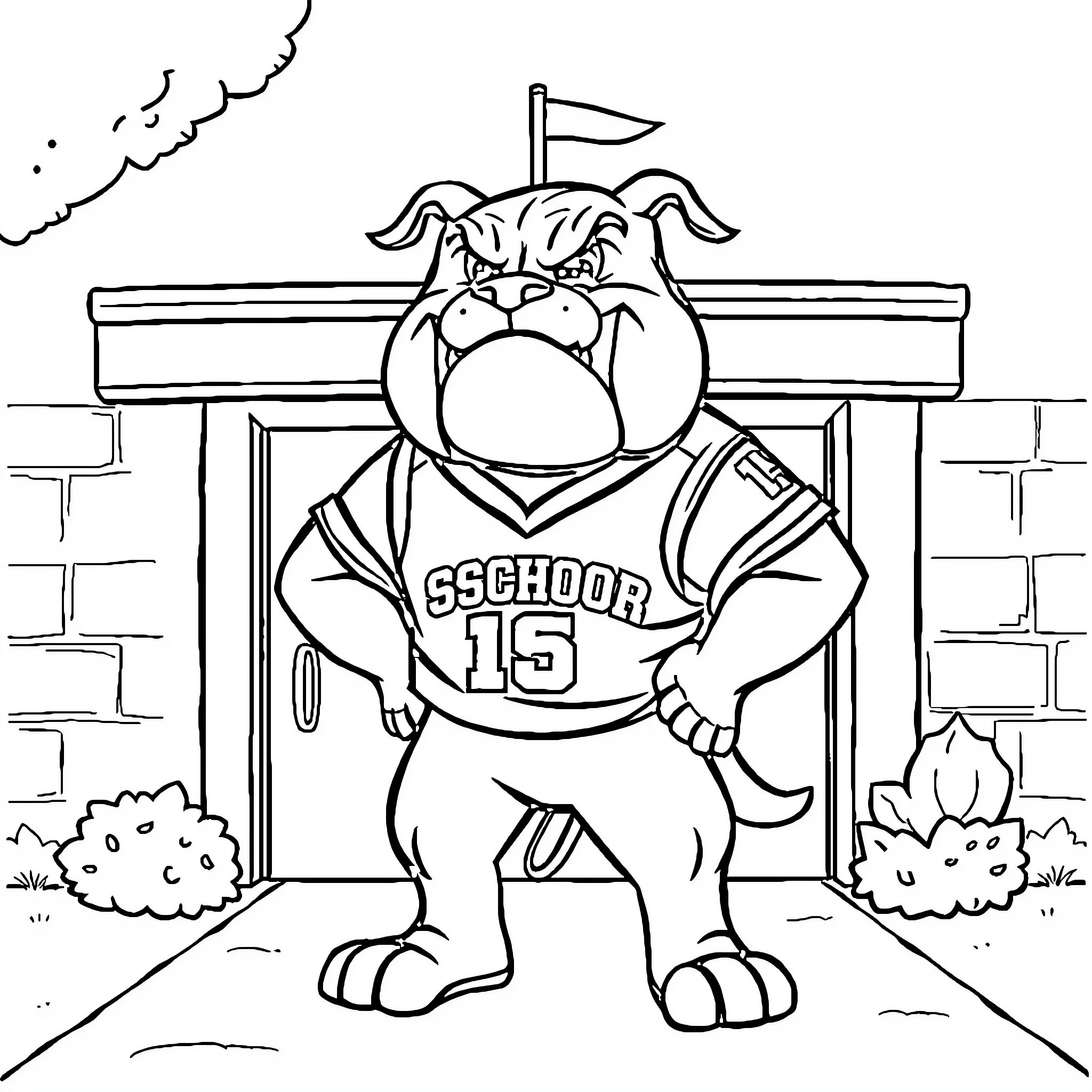 Bulldog in school uniform standing by school entrance Coloring Page (free black-and-white line drawing printable PDF for all, from beginners to advanced learners, including children, teens, adults, and seniors)