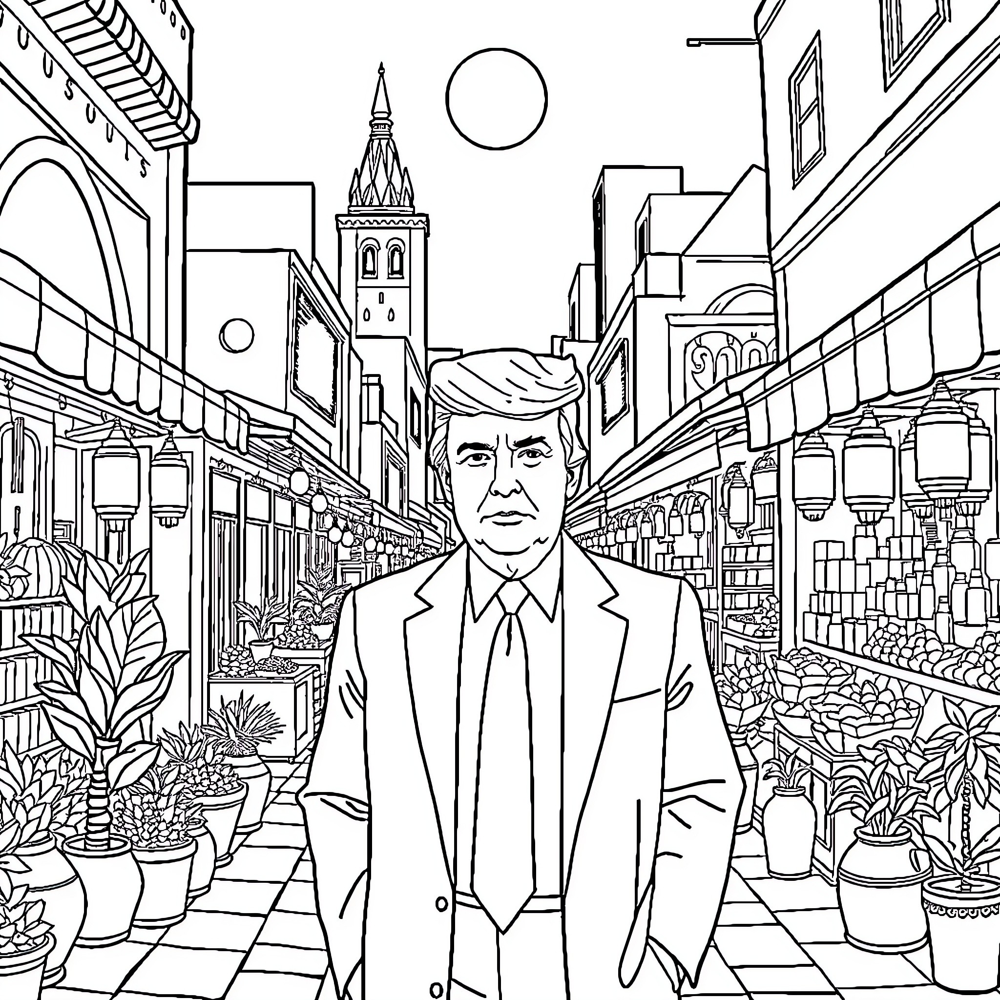 Trump walking confidently through bustling urban scene Coloring Page (free black-and-white line drawing printable PDF for all, from beginners to advanced learners, including children, teens, adults, and seniors)