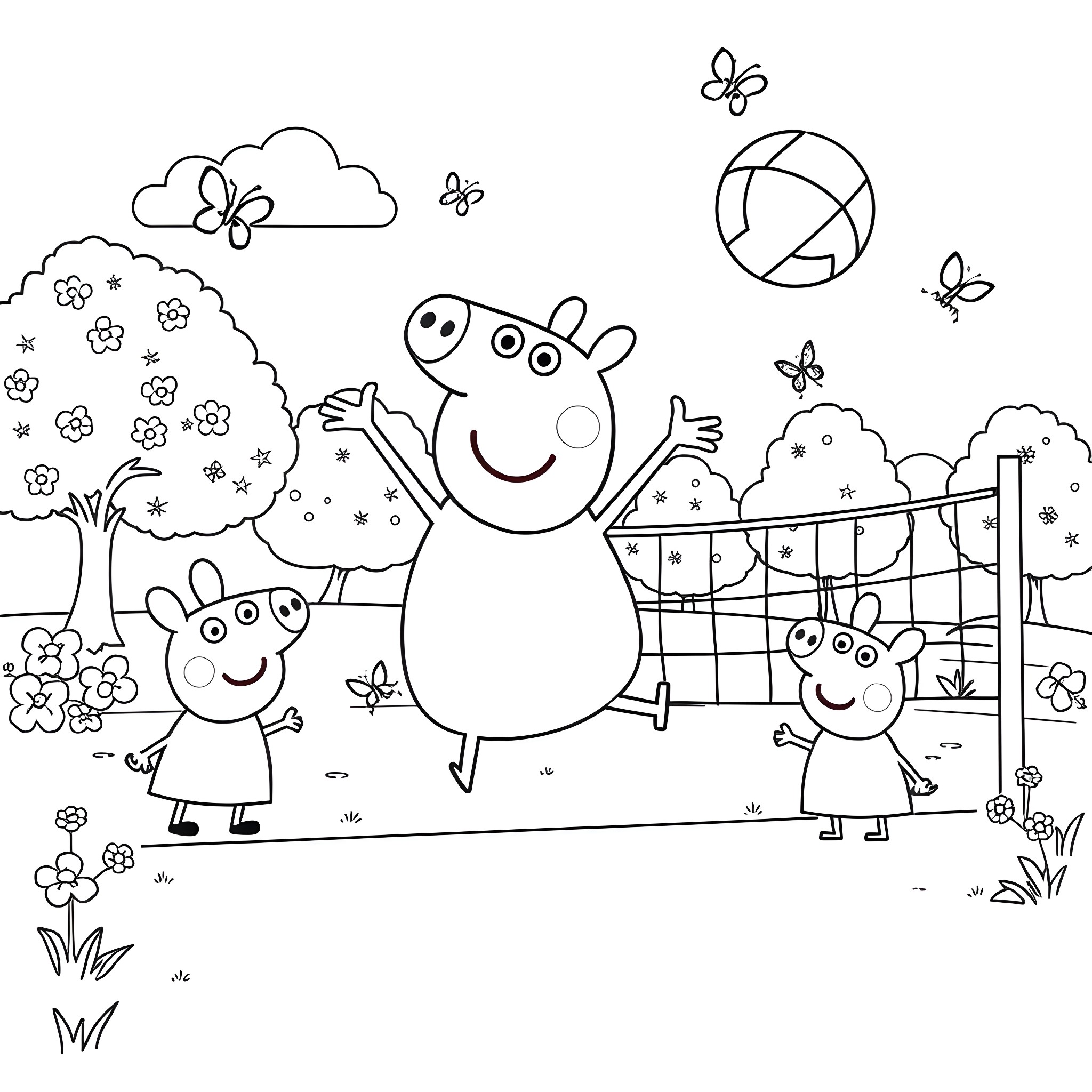 Peppa Pig and family playing in the park Coloring Page (free black-and-white line drawing printable PDF for all, from beginners to advanced learners, including children, teens, adults, and seniors)