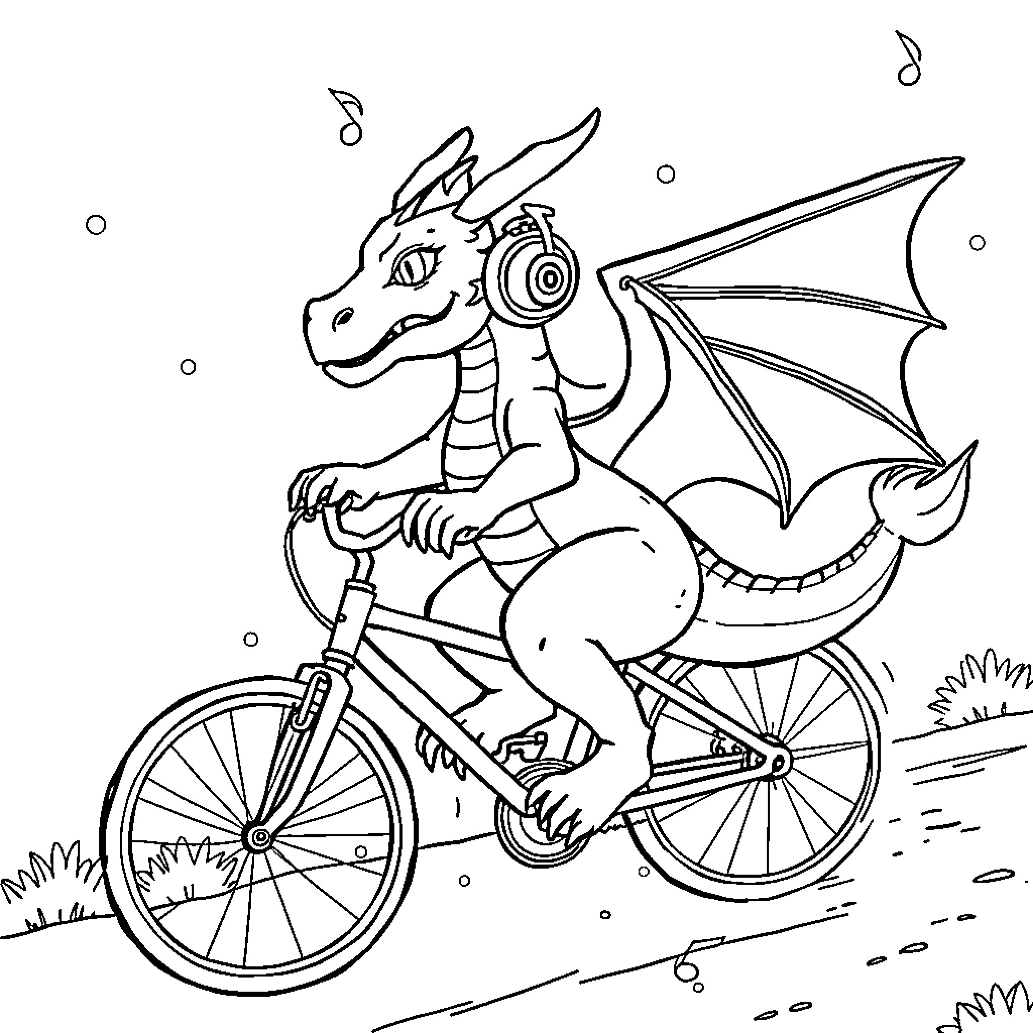 Dragon riding a bicycle in a whimsical scene Coloring Page (free black-and-white line drawing printable PDF for all, from beginners to advanced learners, including children, teens, adults, and seniors)