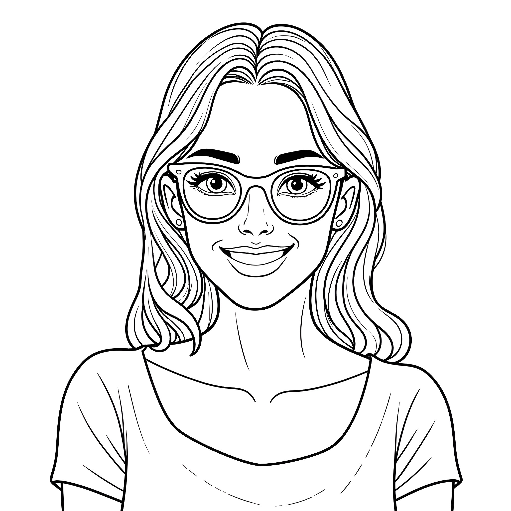 Woman with glasses smiling cheerfully Coloring Page (free black-and-white line drawing printable PDF for all, from beginners to advanced learners, including children, teens, adults, and seniors)