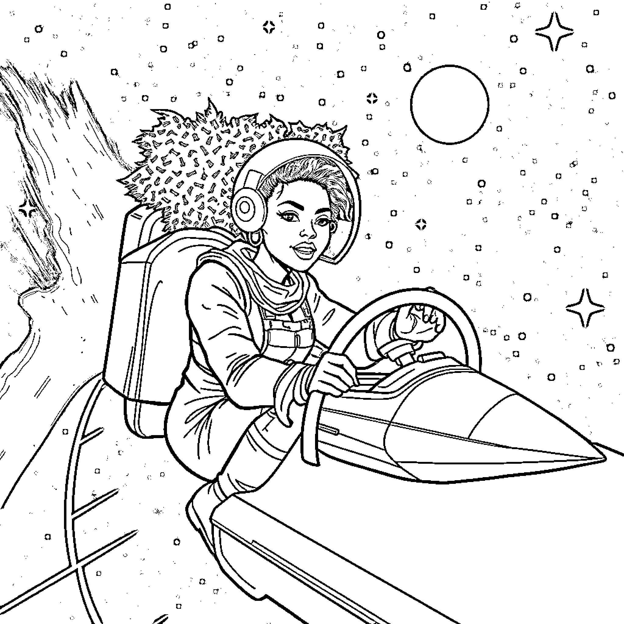 African Woman Piloting a Futuristic Spacecraft Coloring Page (free black-and-white line drawing printable PDF for all, from beginners to advanced learners, including children, teens, adults, and seniors)