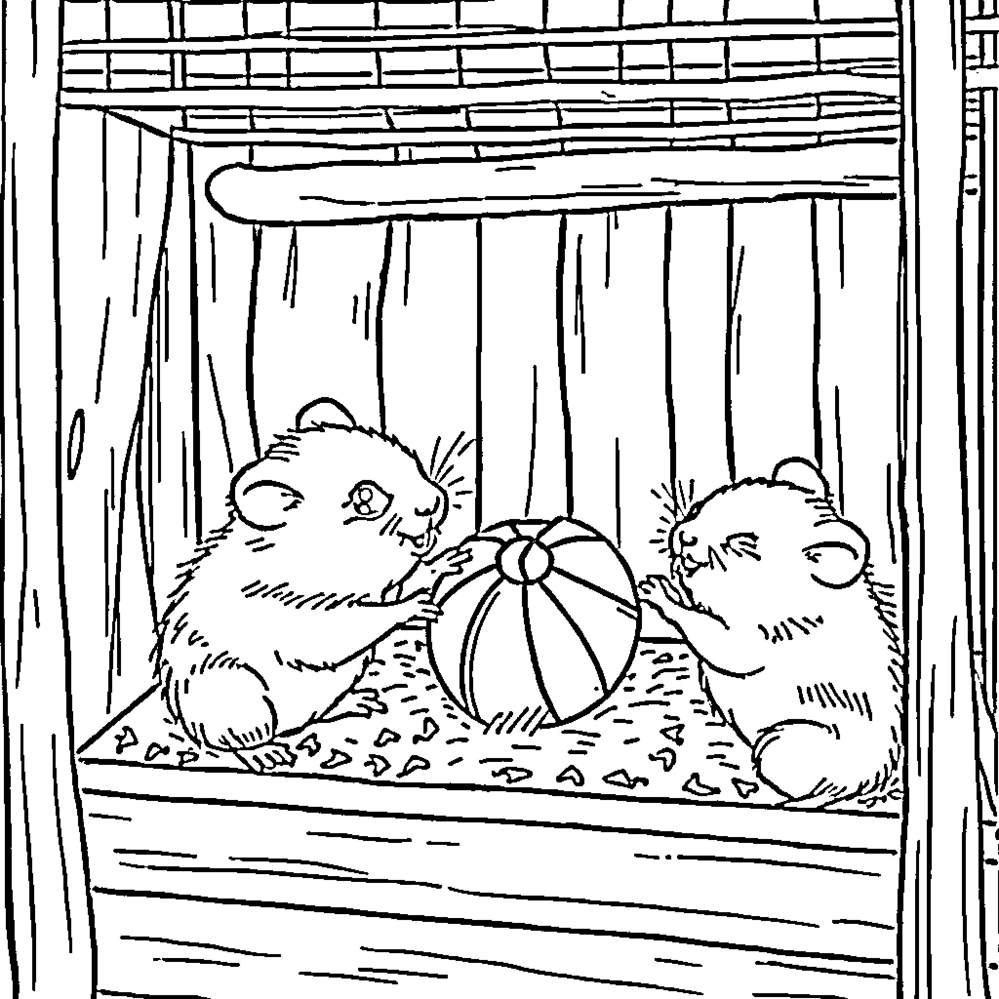 Hamsters playing with a ball in a cozy enclosure Coloring Page (free black-and-white line drawing printable PDF for all, from beginners to advanced learners, including children, teens, adults, and seniors)