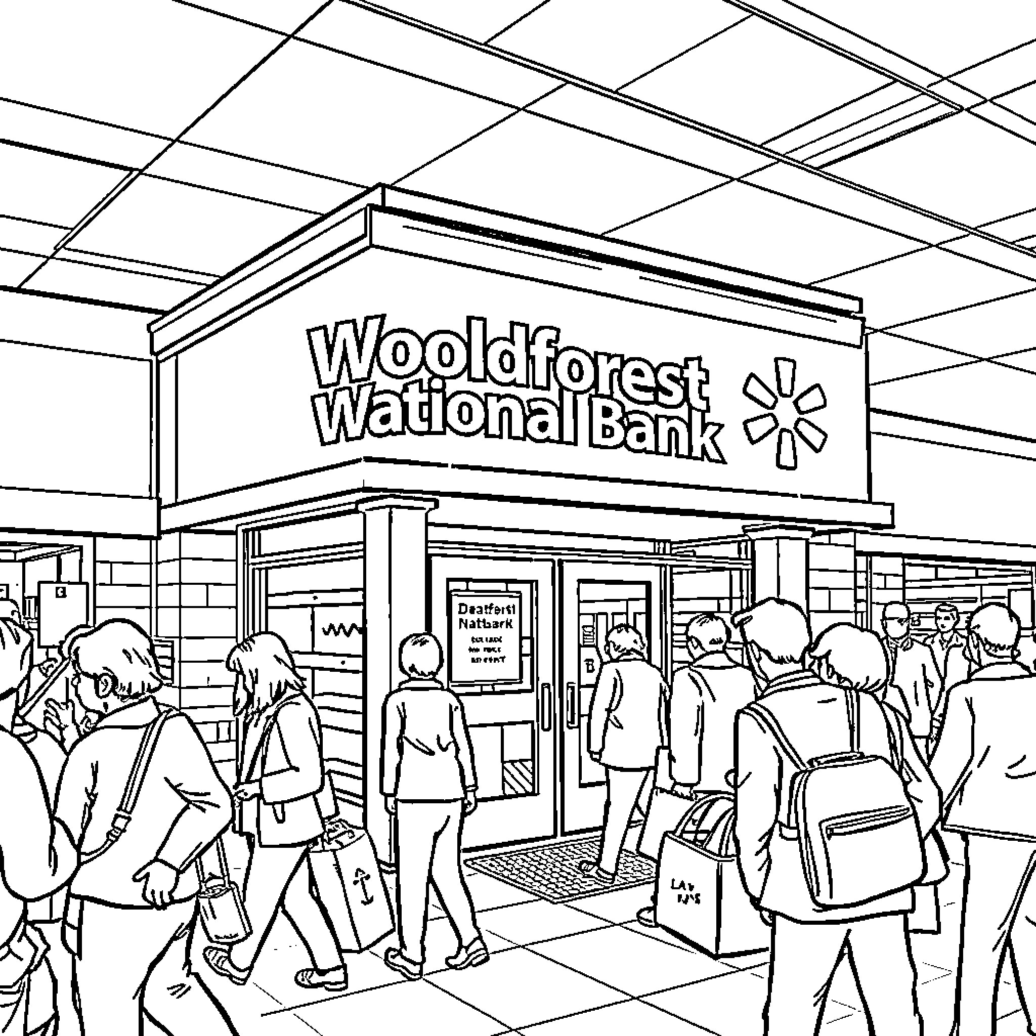 Bank with Customers Entering the Premises Coloring Page (free black-and-white line drawing printable PDF for all, from beginners to advanced learners, including children, teens, adults, and seniors)