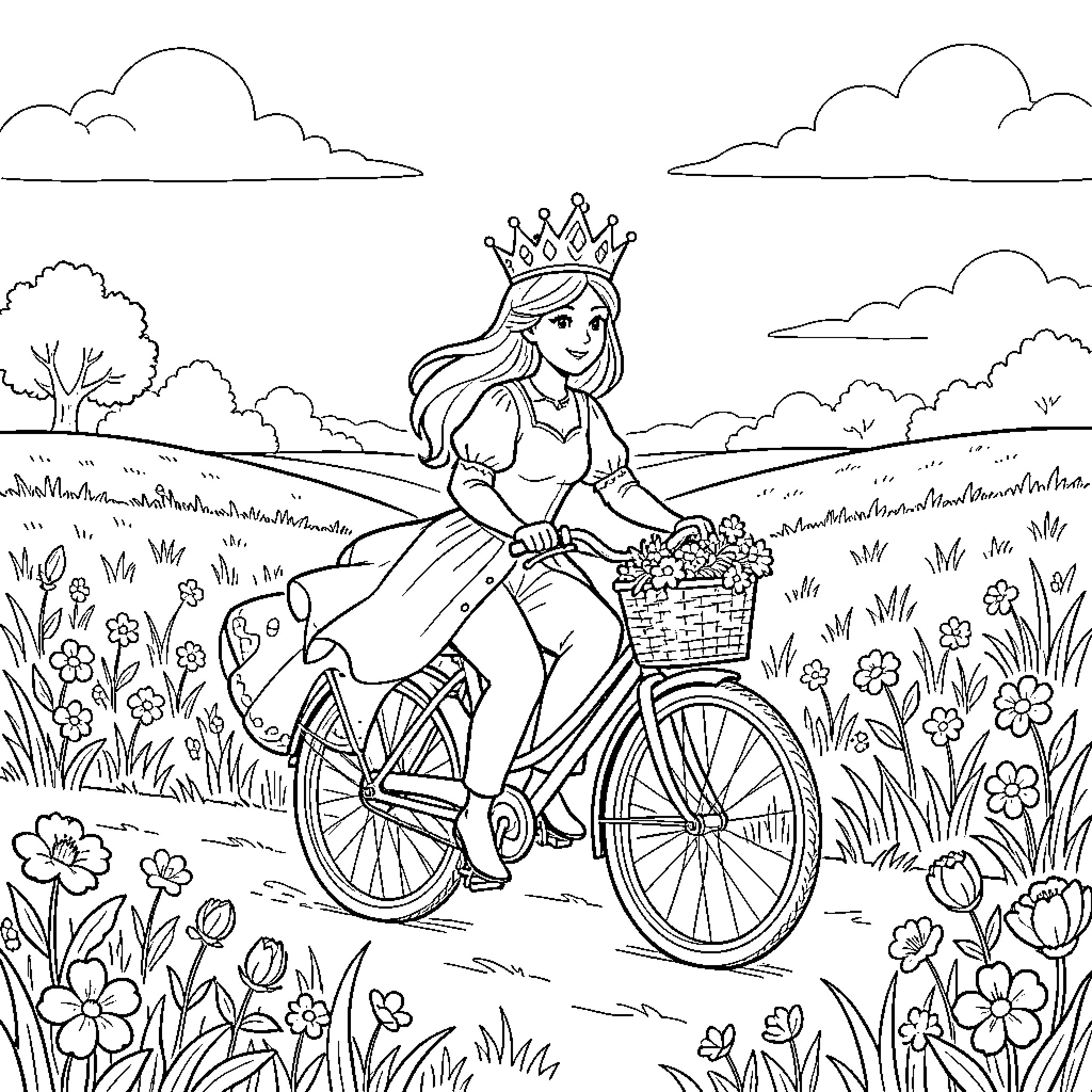 Princess riding a bicycle through a flower field Coloring Page (free black-and-white line drawing printable PDF for all, from beginners to advanced learners, including children, teens, adults, and seniors)