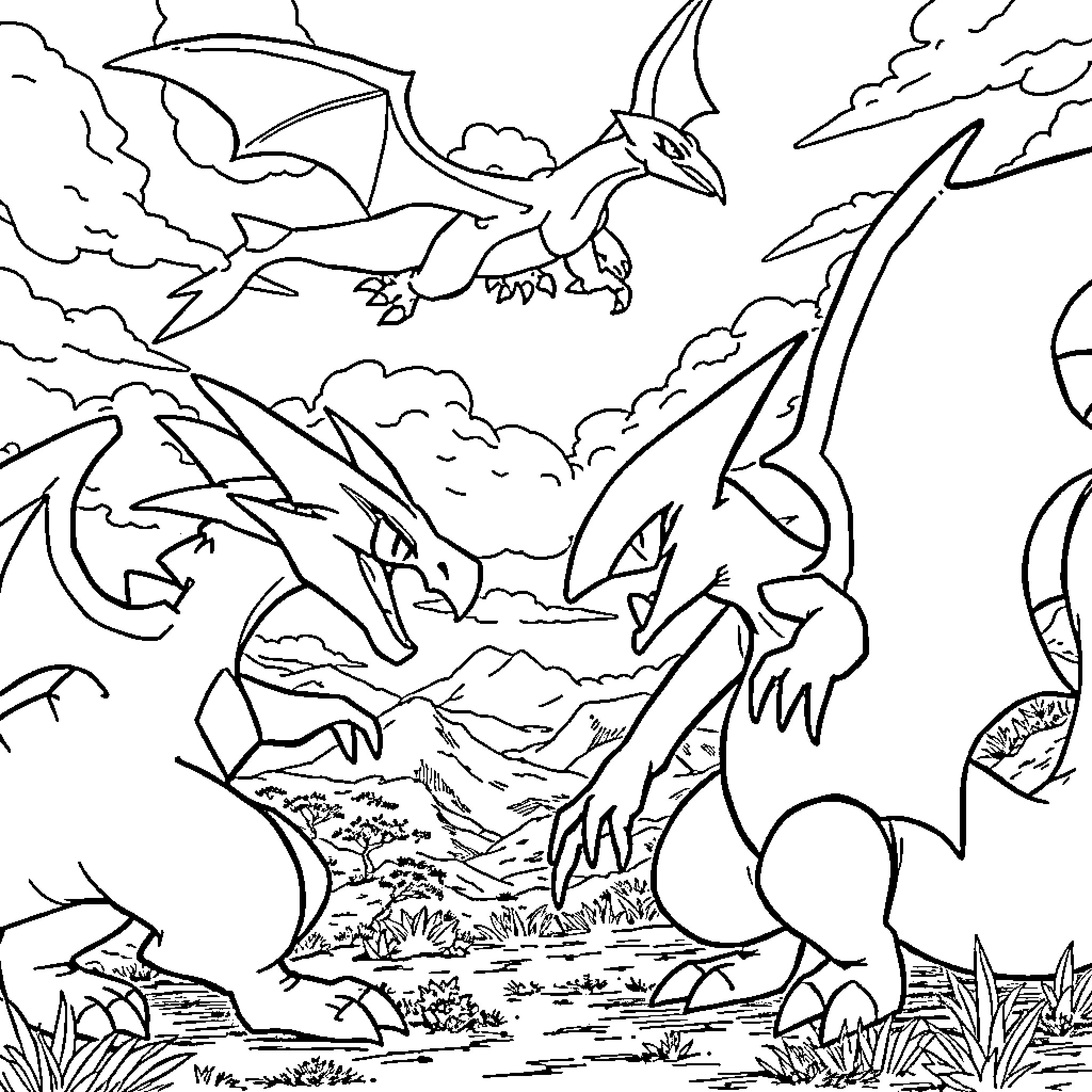Pokémon dragons soaring in the stormy sky Coloring Page (free black-and-white line drawing printable PDF for all, from beginners to advanced learners, including children, teens, adults, and seniors)
