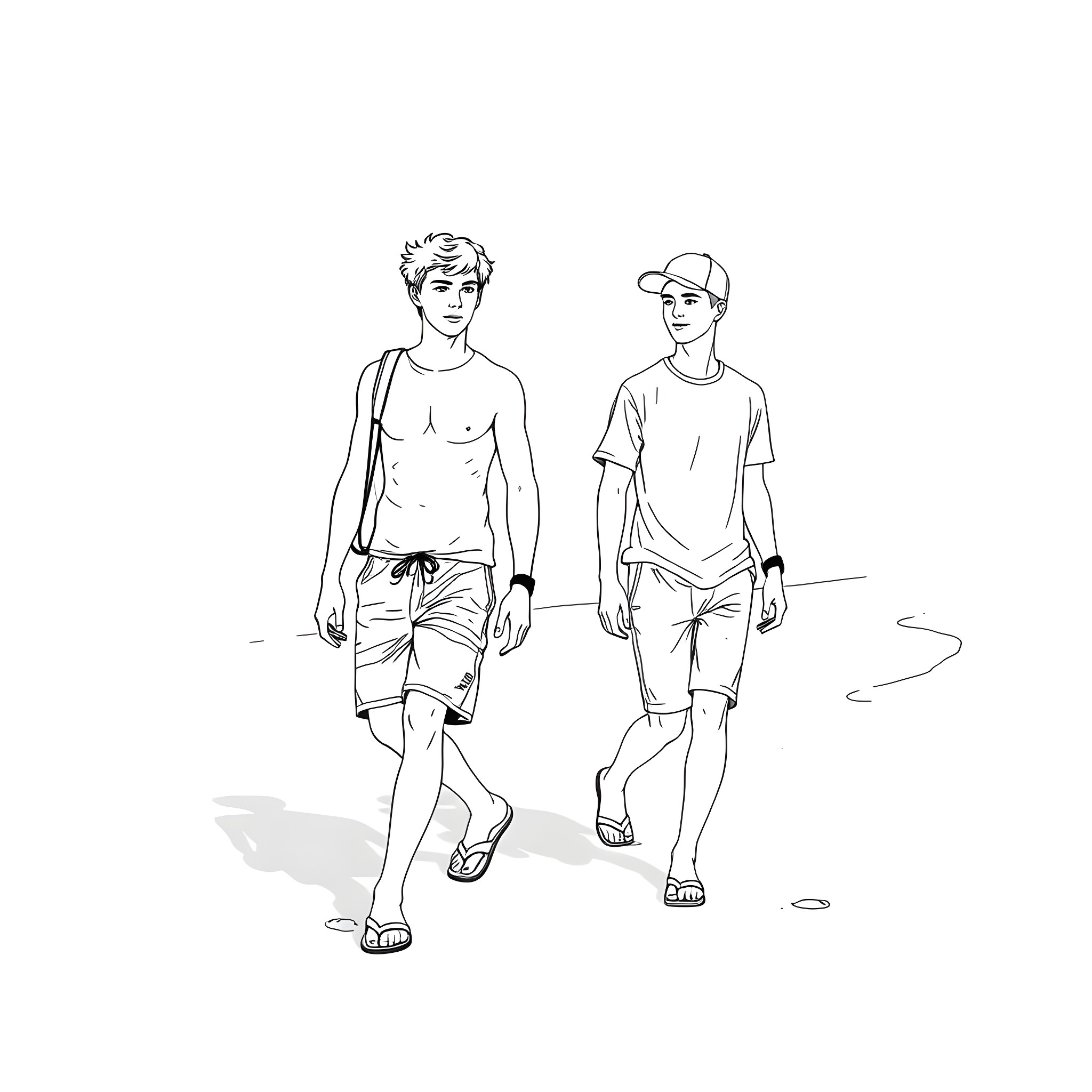Teen Guy Casual Stroll Along Beach Coloring Page (free black-and-white line drawing printable PDF for all, from beginners to advanced learners, including children, teens, adults, and seniors)