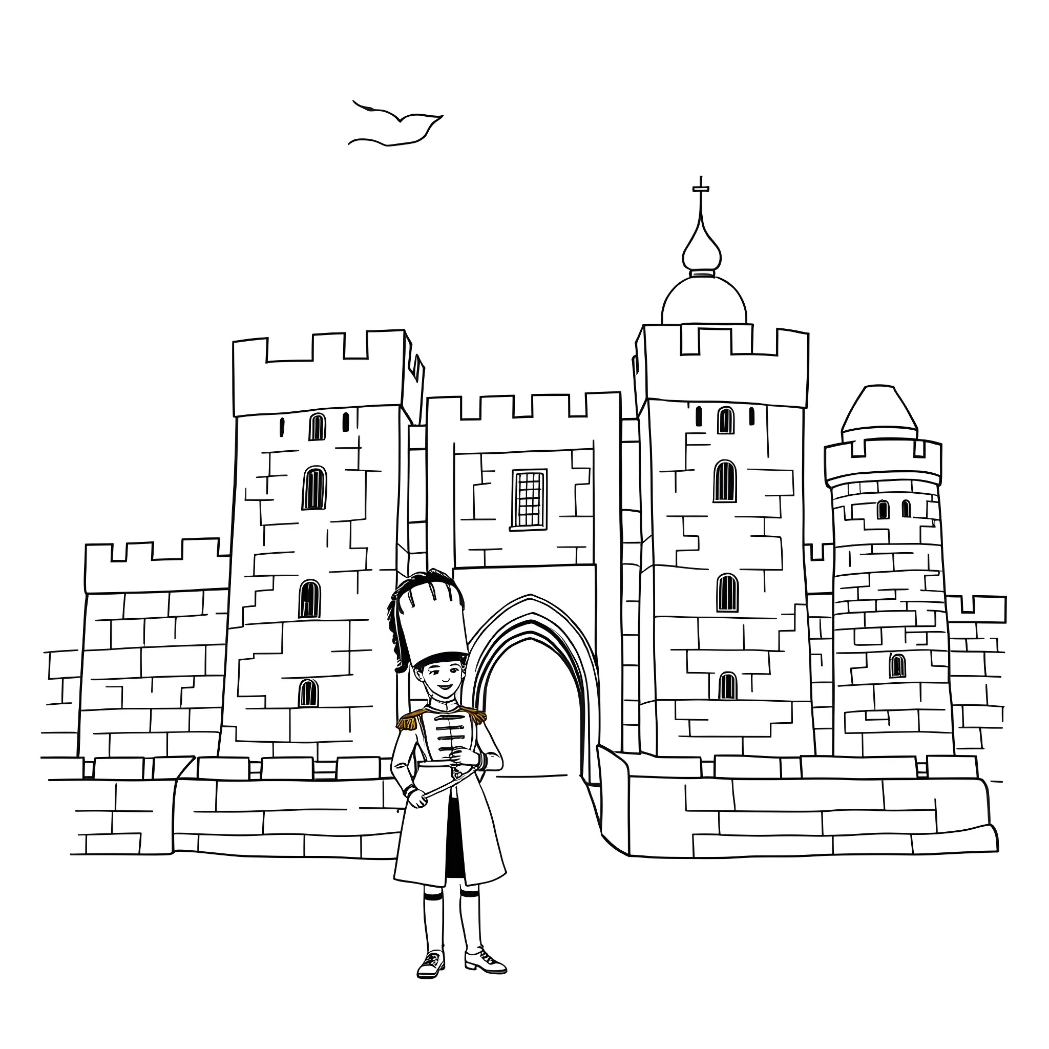 Beefeater guarding the castle entrance Coloring Page (free black-and-white line drawing printable PDF for all, from beginners to advanced learners, including children, teens, adults, and seniors)
