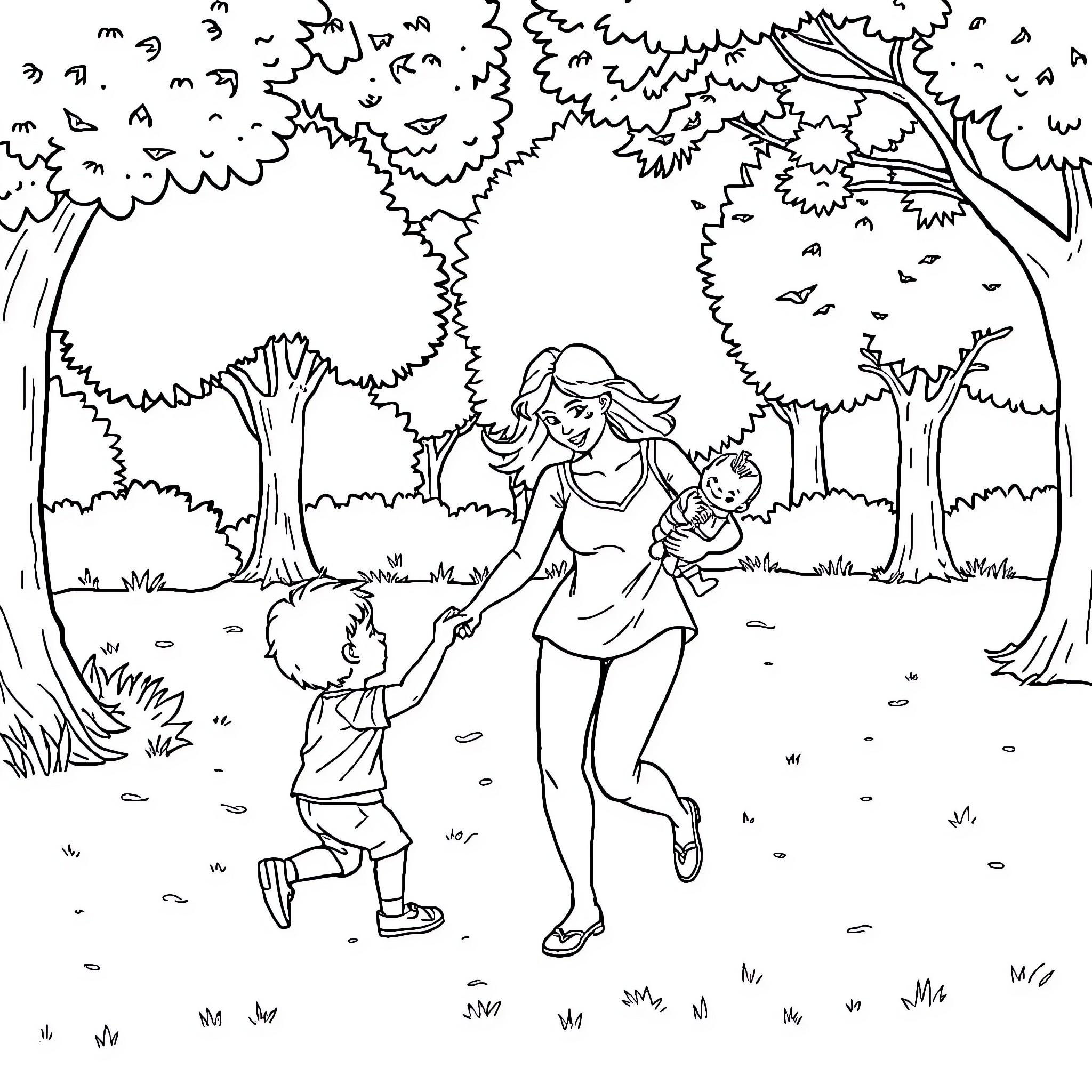 Mama and child strolling through the woodland Coloring Page (free black-and-white line drawing printable PDF for all, from beginners to advanced learners, including children, teens, adults, and seniors)