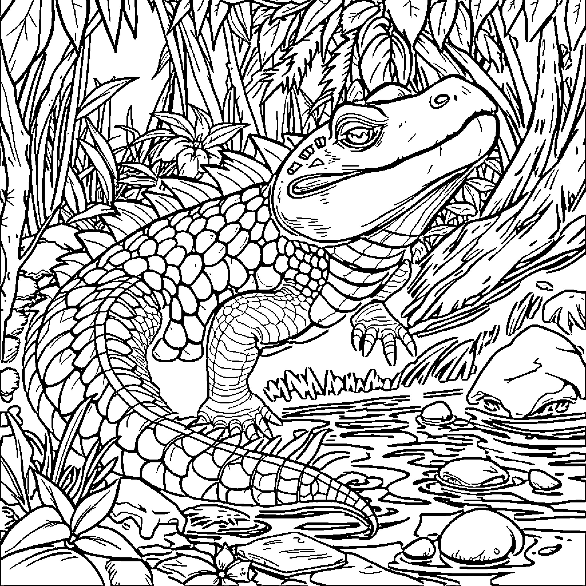 Cocodrilol in the Lush Undergrowth Coloring Page (free black-and-white line drawing printable PDF for all, from beginners to advanced learners, including children, teens, adults, and seniors)