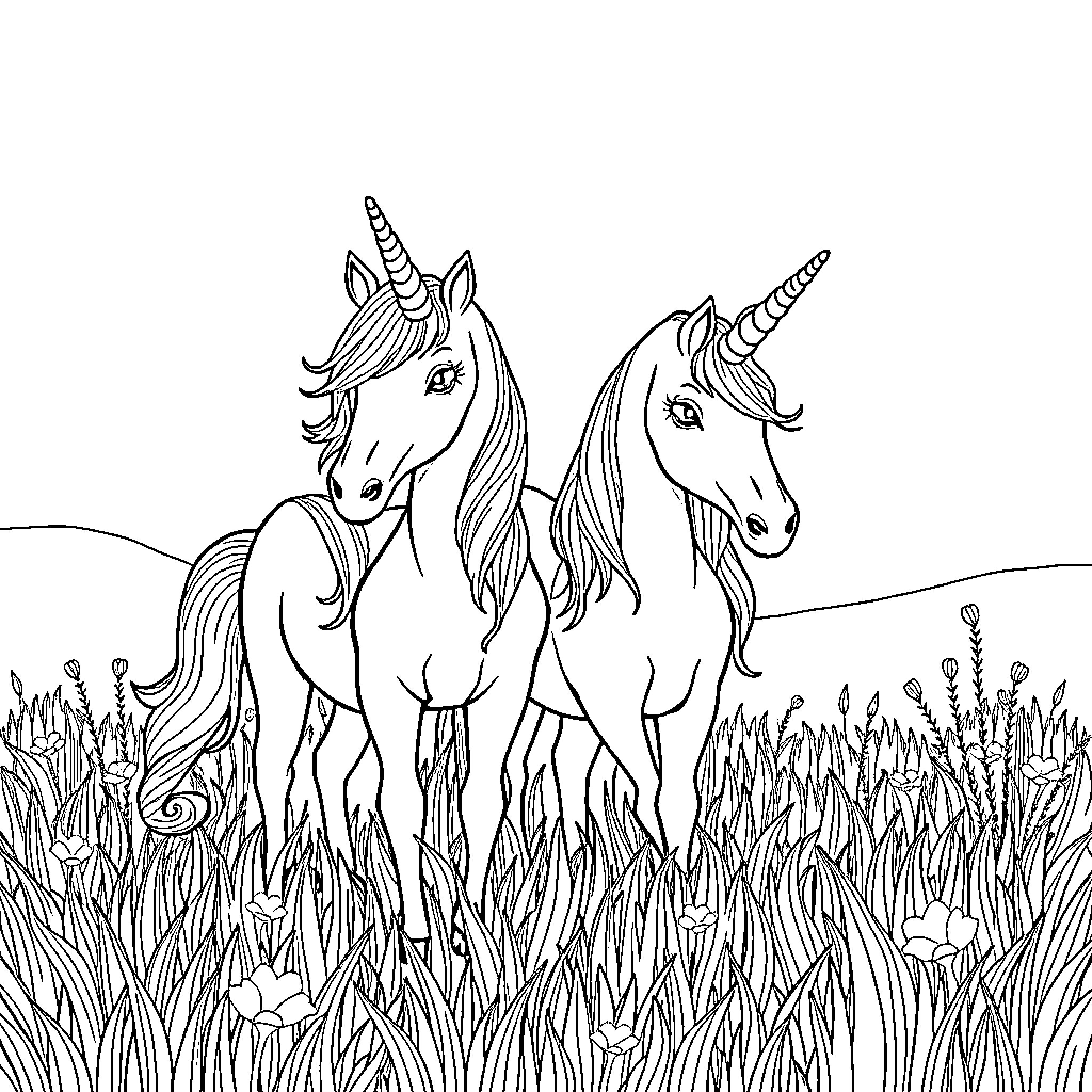 Unicorn friends standing in a grassy field Coloring Page (free black-and-white line drawing printable PDF for all, from beginners to advanced learners, including children, teens, adults, and seniors)