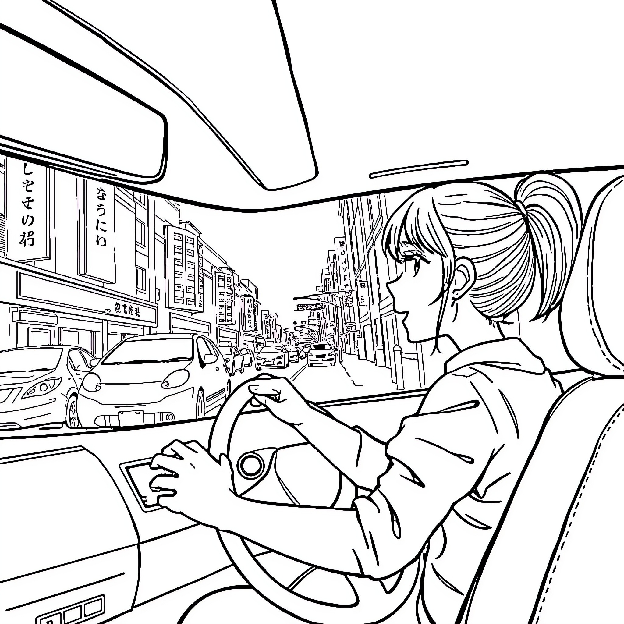 Girl driving through city streets on a rainy day Coloring Page (free black-and-white line drawing printable PDF for all, from beginners to advanced learners, including children, teens, adults, and seniors)