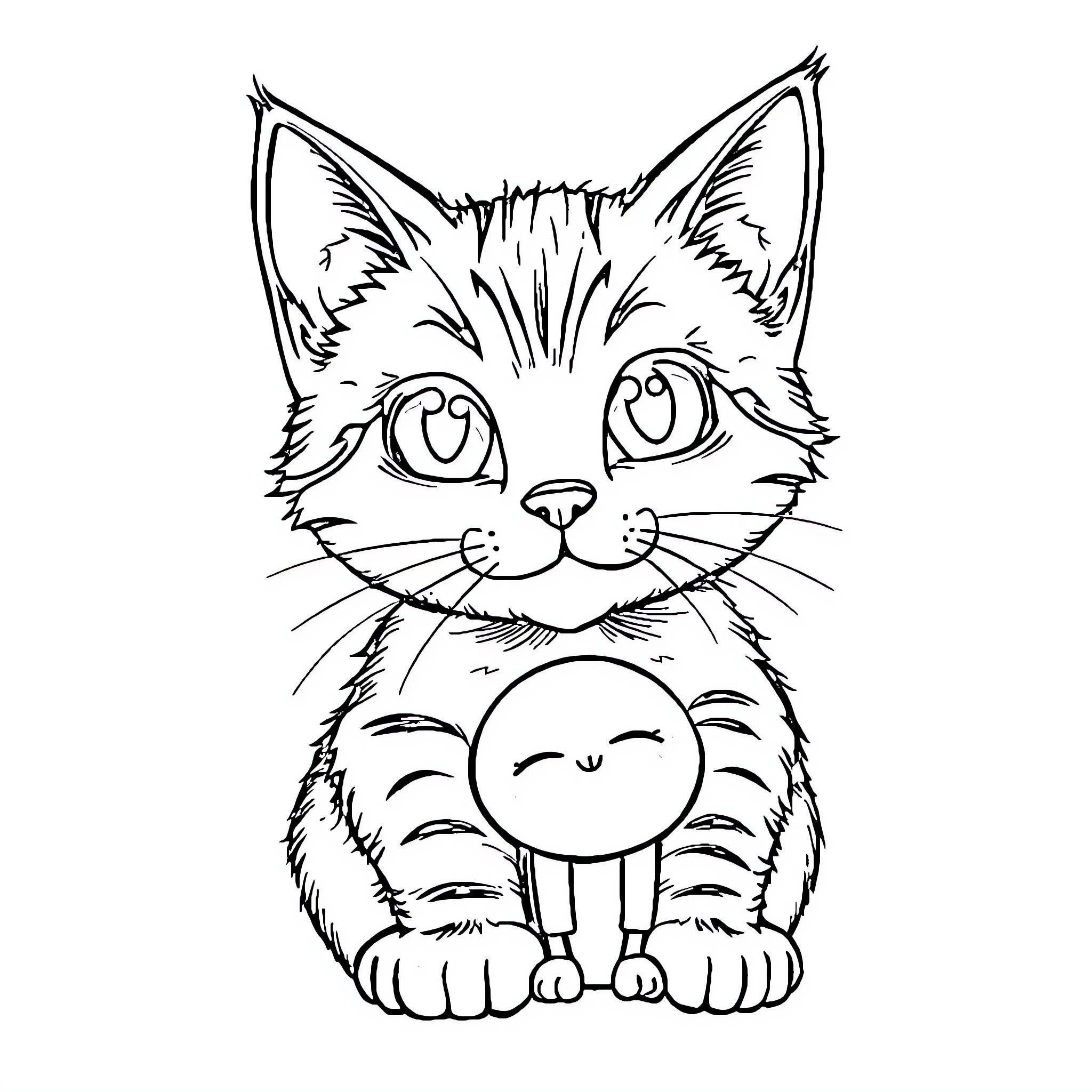 Cat making a funny face with big eyes Coloring Page (free black-and-white line drawing printable PDF for all, from beginners to advanced learners, including children, teens, adults, and seniors)