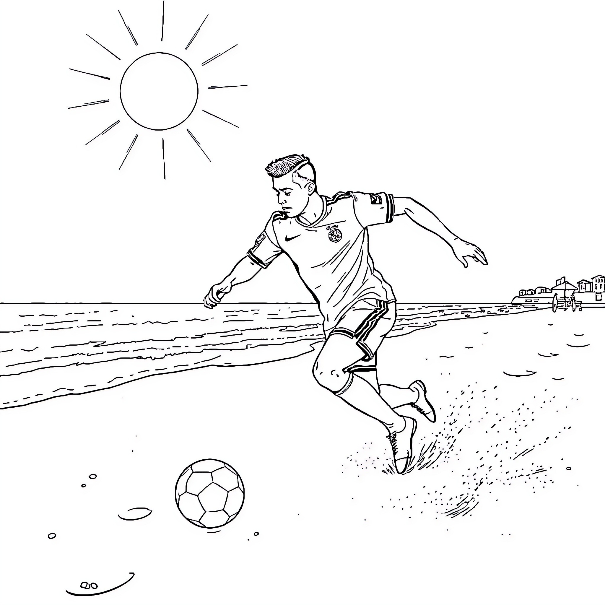 Ronaldo playing soccer on the beach Coloring Page (free black-and-white line drawing printable PDF for all, from beginners to advanced learners, including children, teens, adults, and seniors)