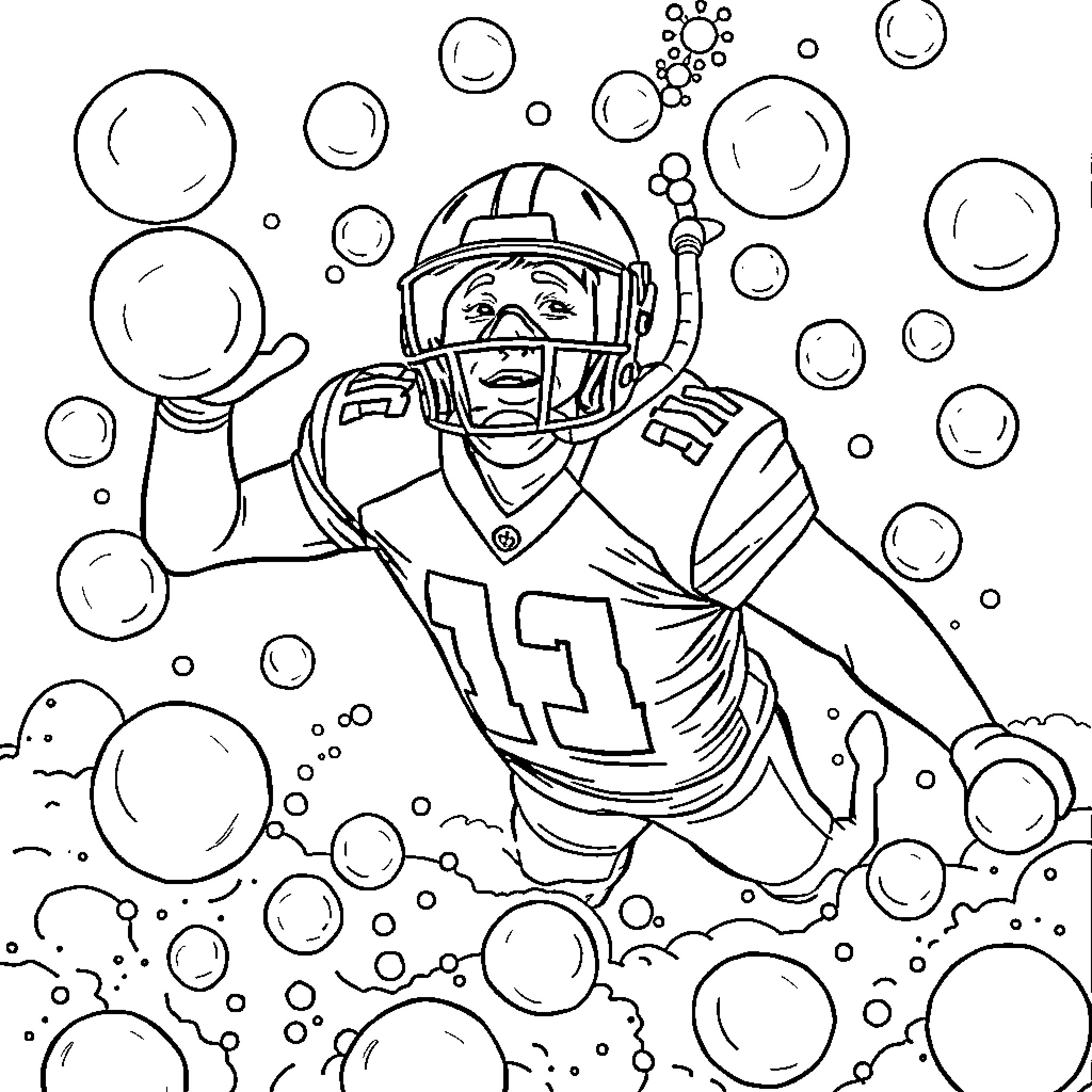 Football Player Performing Heroic Touchdown Amidst Bubbles Coloring Page (free black-and-white line drawing printable PDF for all, from beginners to advanced learners, including children, teens, adults, and seniors)