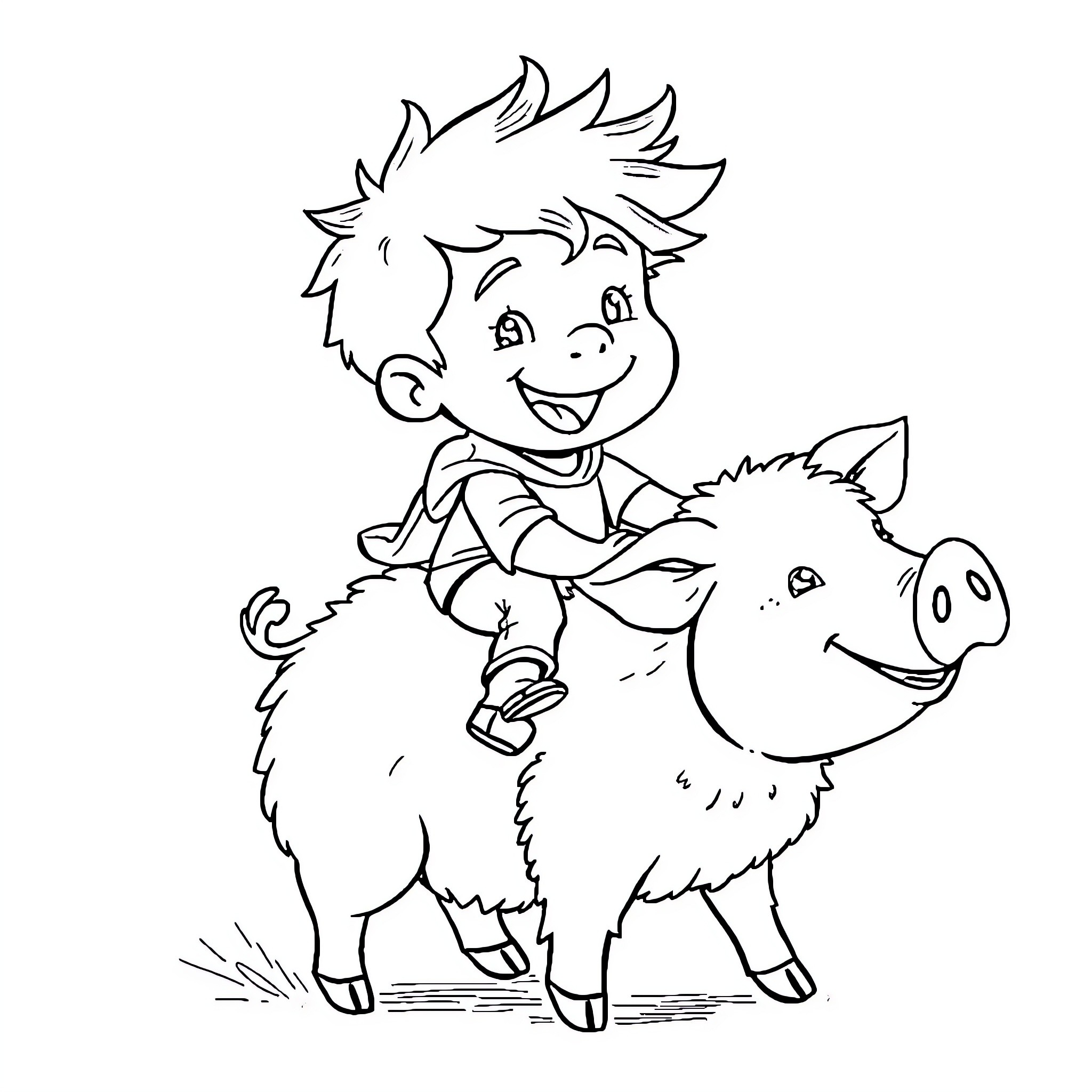 Boy riding happily on a pig Coloring Page (free black-and-white line drawing printable PDF for all, from beginners to advanced learners, including children, teens, adults, and seniors)