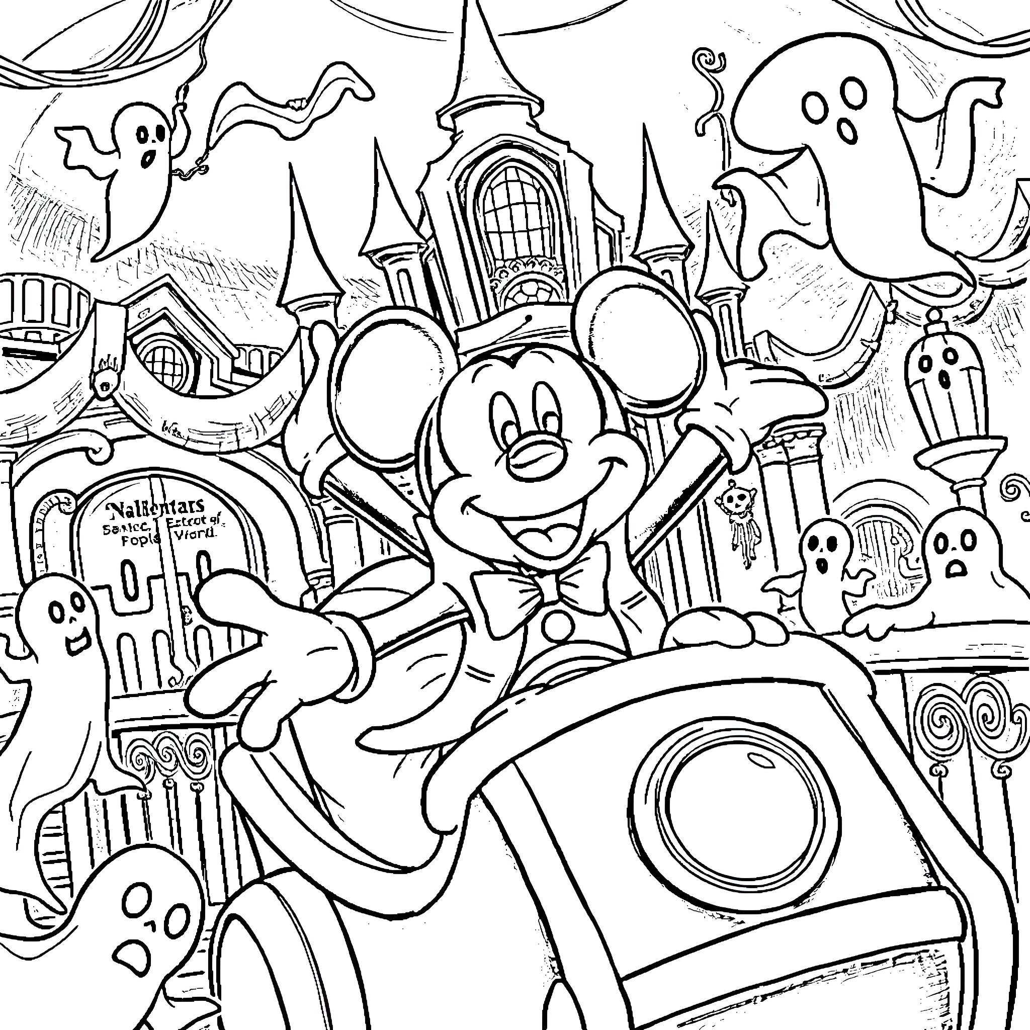 Mickey Mouse's Spooky Halloween Adventure Coloring Page (free black-and-white line drawing printable PDF for all, from beginners to advanced learners, including children, teens, adults, and seniors)
