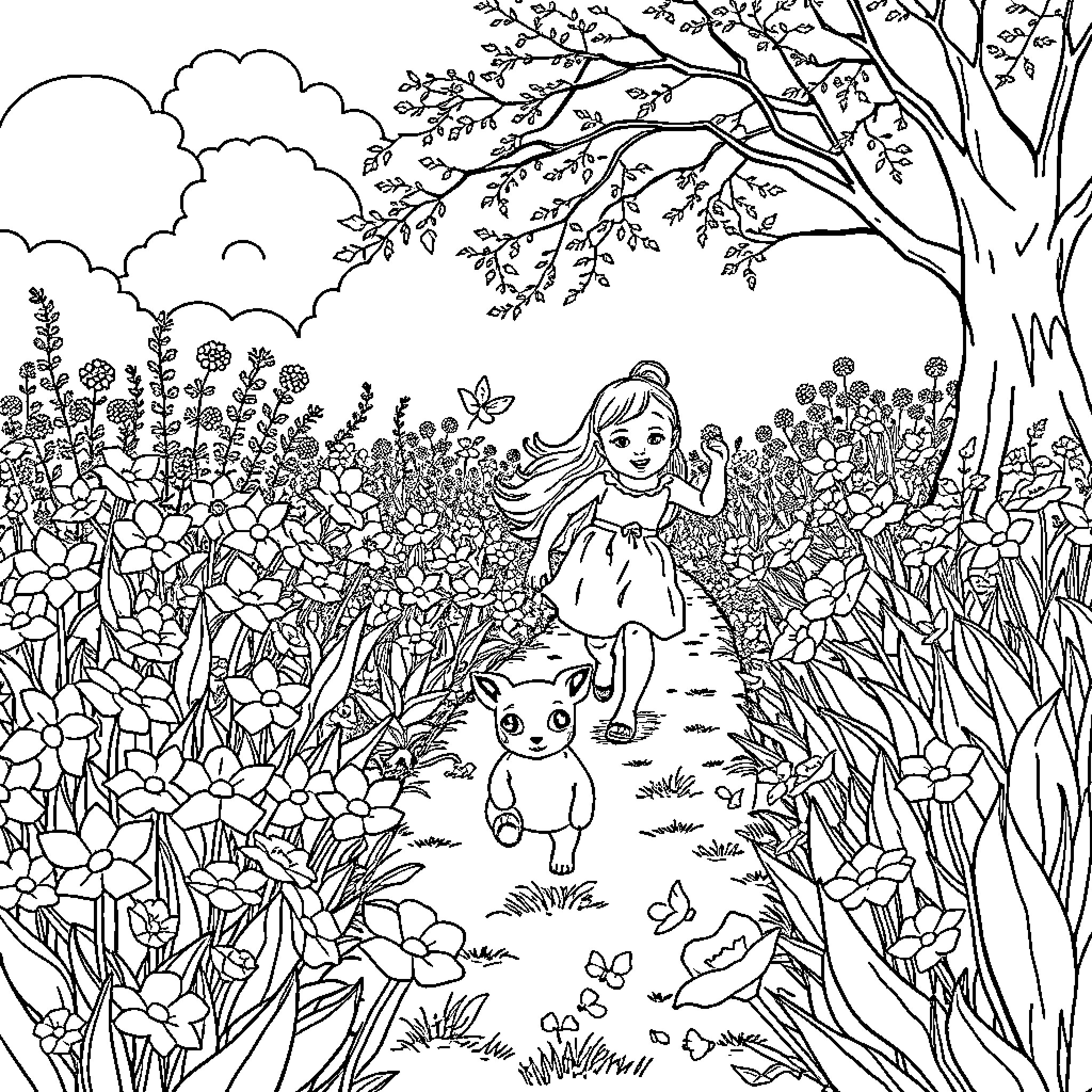 Mother and Child Exploring Lush Nature Coloring Page (free black-and-white line drawing printable PDF for all, from beginners to advanced learners, including children, teens, adults, and seniors)