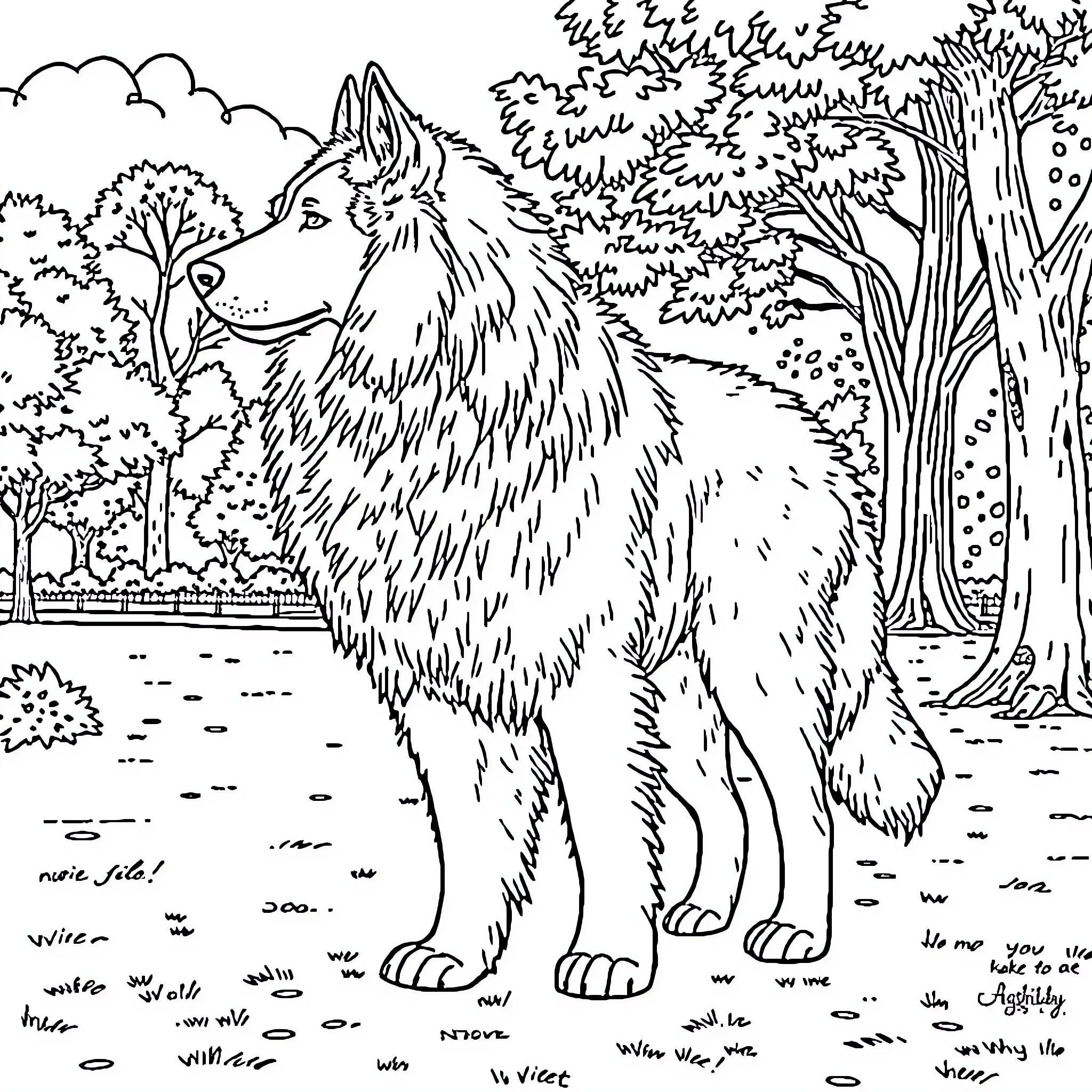 Dog exploring the forest landscape Coloring Page (free black-and-white line drawing printable PDF for all, from beginners to advanced learners, including children, teens, adults, and seniors)