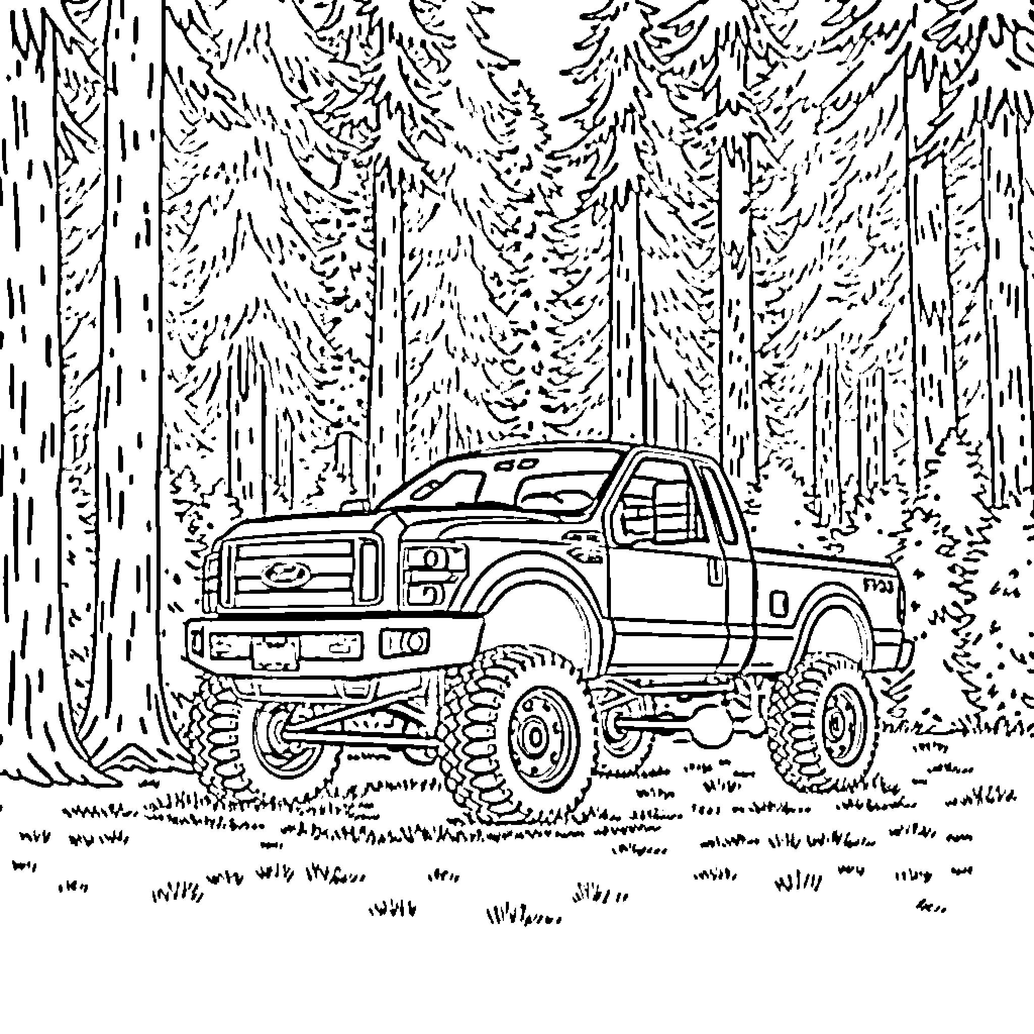 Truck navigating through a forest Coloring Page (free black-and-white line drawing printable PDF for all, from beginners to advanced learners, including children, teens, adults, and seniors)