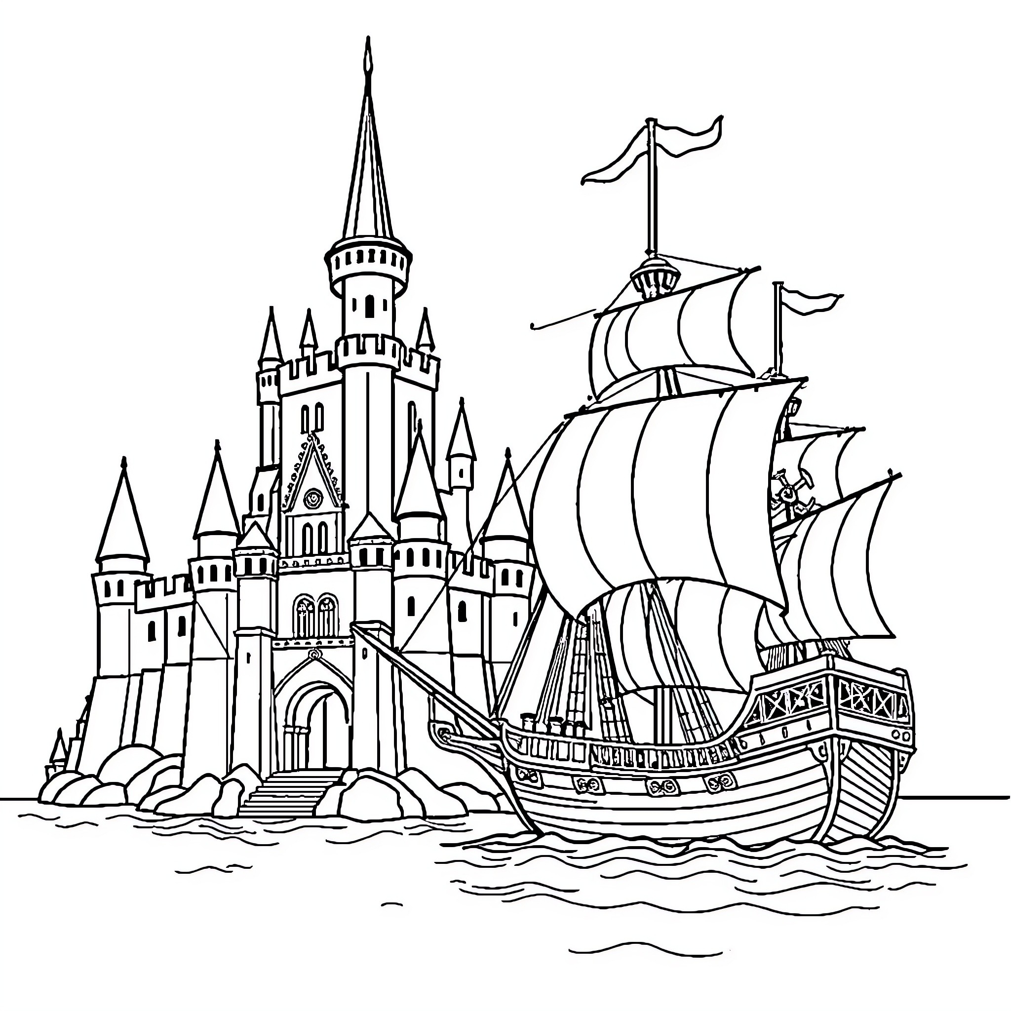 Castle with Medieval Ships on the Sea Coloring Page (free black-and-white line drawing printable PDF for all, from beginners to advanced learners, including children, teens, adults, and seniors)
