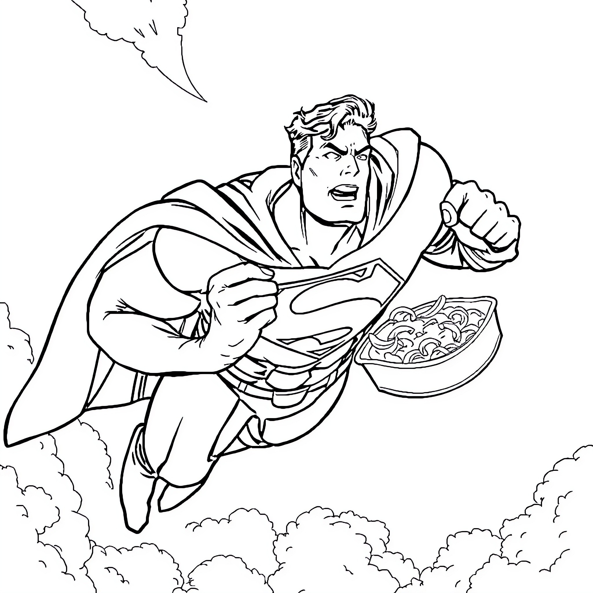 Superman eating his favorite cereal in flight Coloring Page (free black-and-white line drawing printable PDF for all, from beginners to advanced learners, including children, teens, adults, and seniors)
